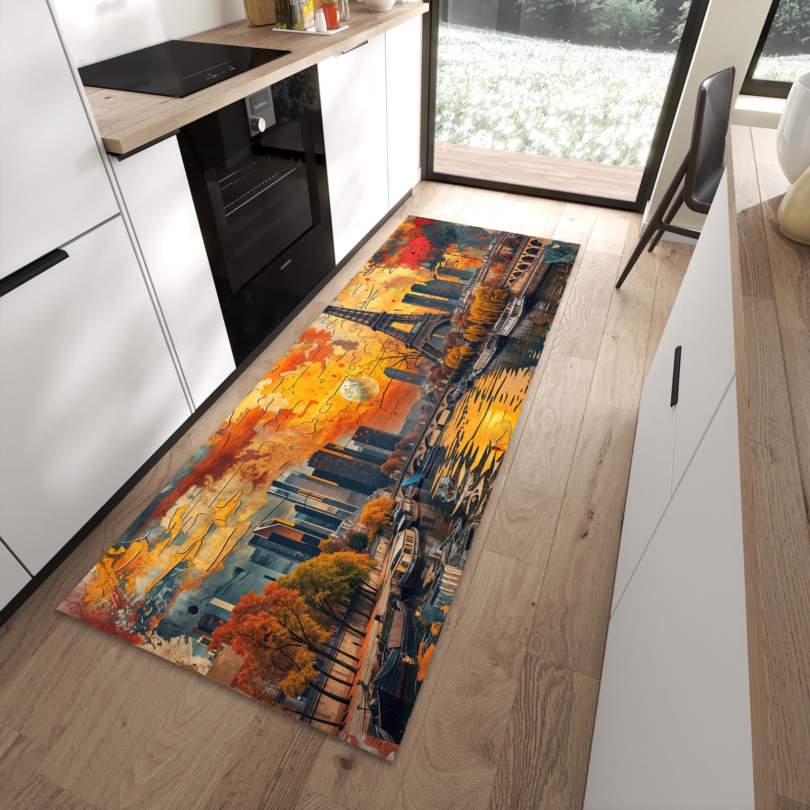 Komfortabler Küchenläufer nach Maß mit Motiv Eiffelturm Skyline in moderner Küche