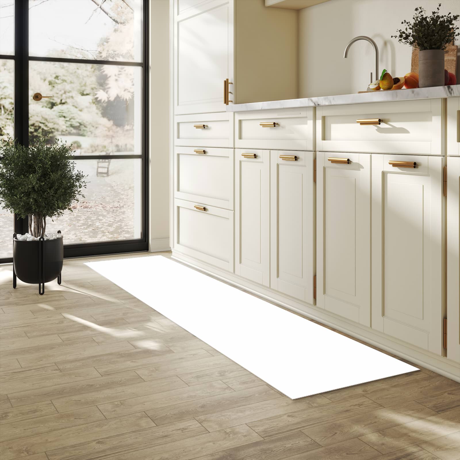 Bodenschonender rutschfester Küchenteppich mit Motiv Weisser, Heller Hintergrund in heller Küche