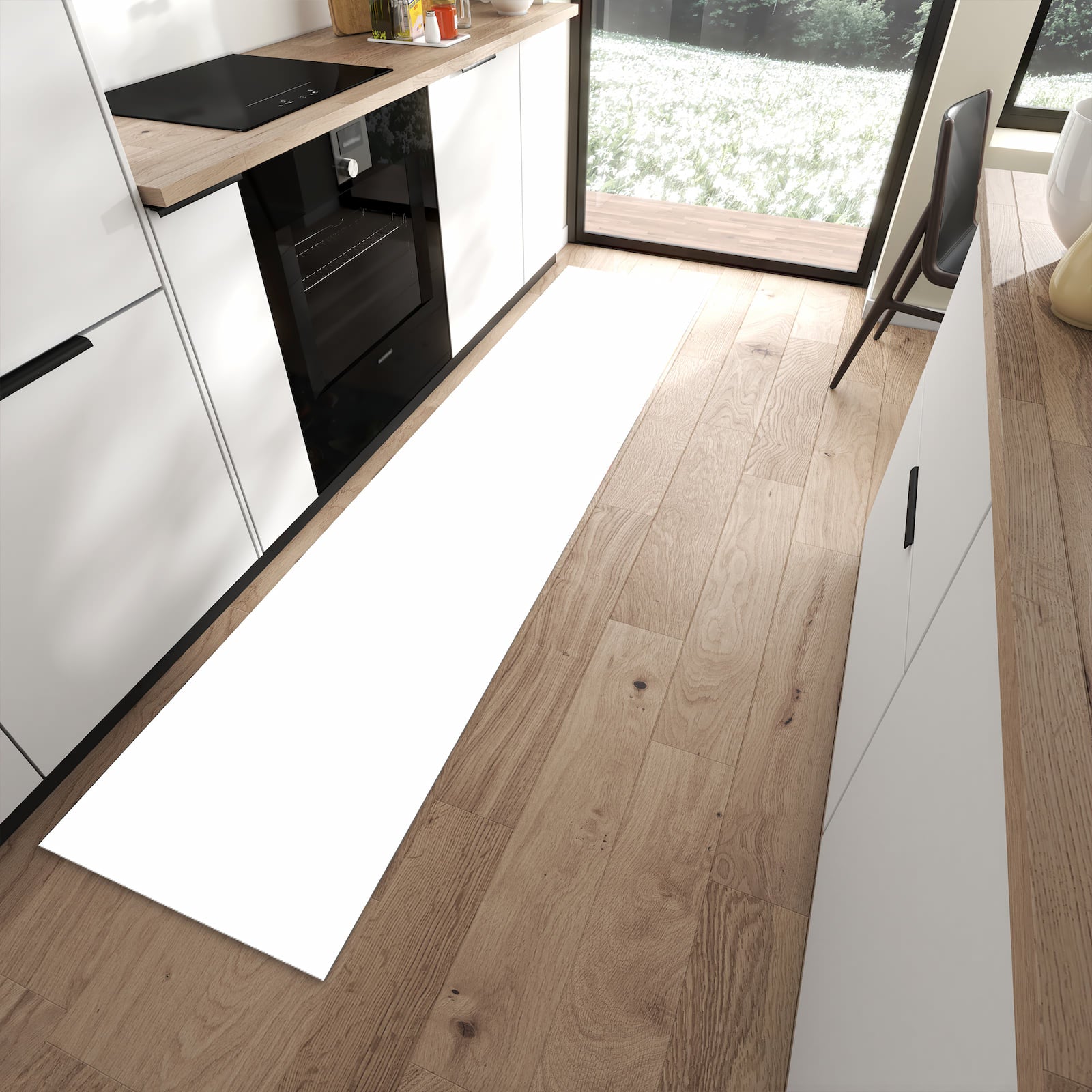 Langlebiger Küchenläufer mit Motiv Weisser, Heller Hintergrund in moderner Küche