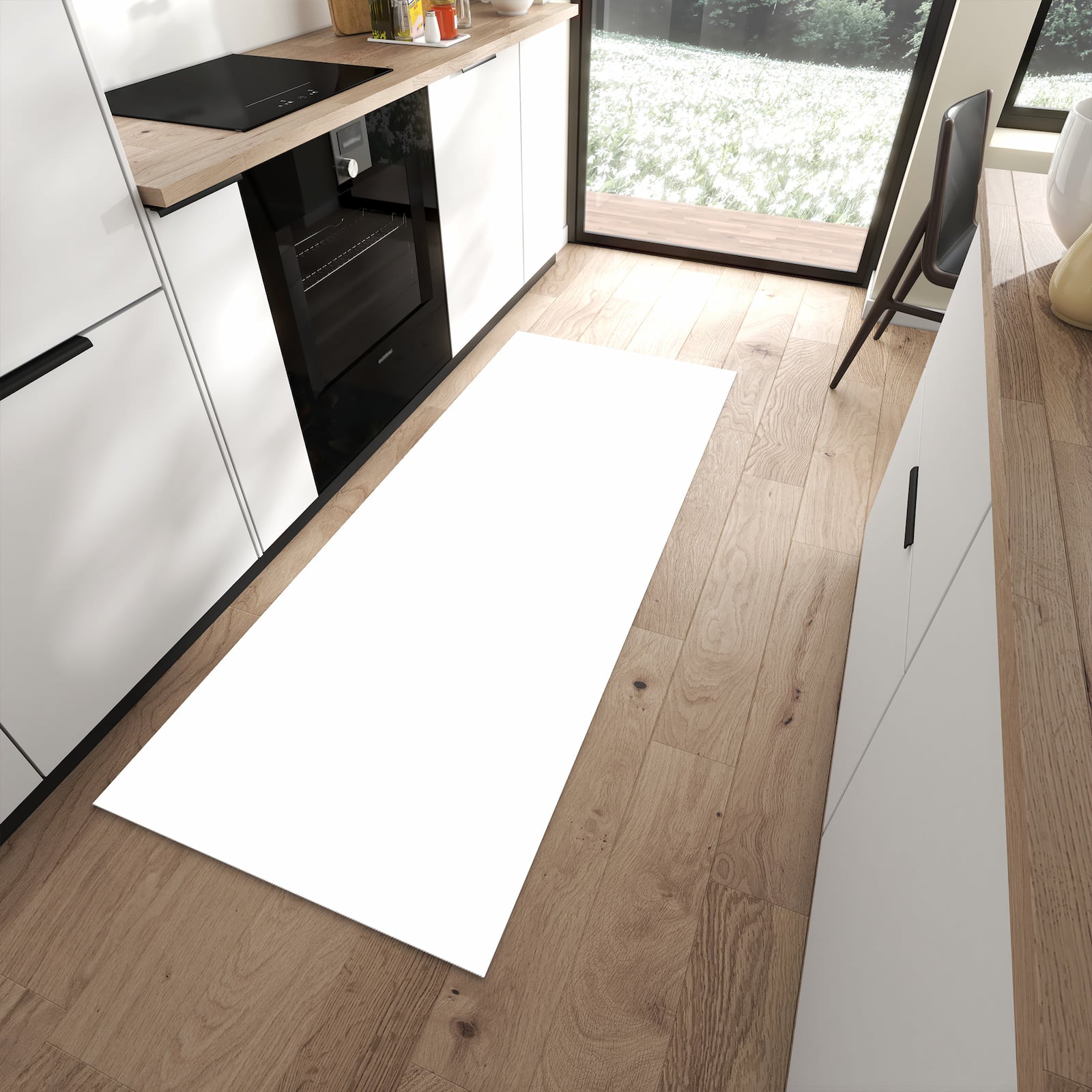 Waschbarer Küchenteppich mit Motiv Weisser, Heller Hintergrund in moderner Küche