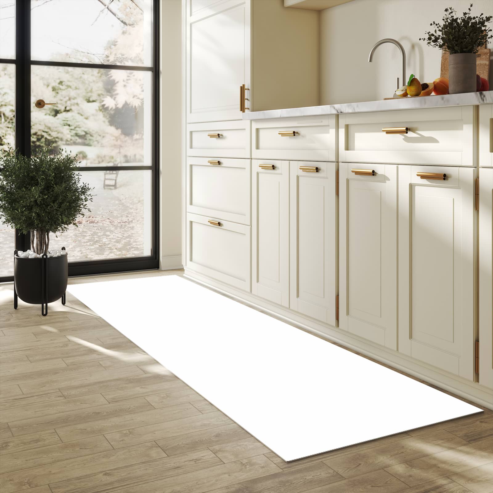 Geräuschdämpfender rutschfester Küchenteppich mit Motiv Weisser, Heller Hintergrund in heller Küche