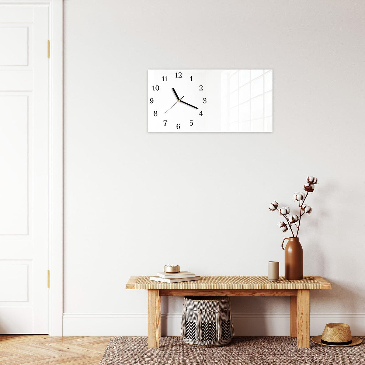 Moderne Wanduhr aus Glas mit Farbtiefe – Wanduhr Weisser, Heller Hintergrund aus Glas – Querformat 60 × 30 cm
