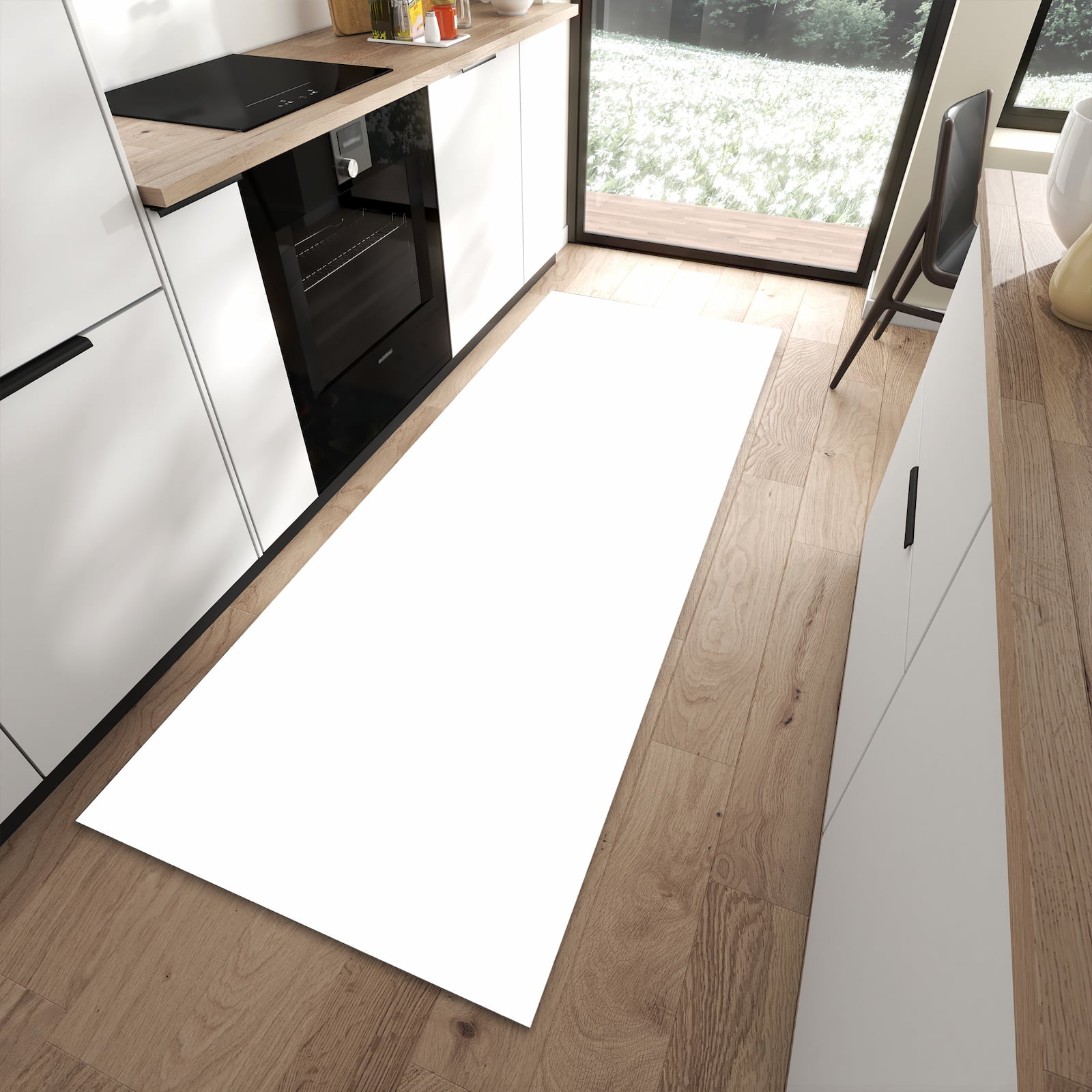 Langlebiger waschbarer Küchenteppich mit Motiv Weisser, Heller Hintergrund in moderner Küche