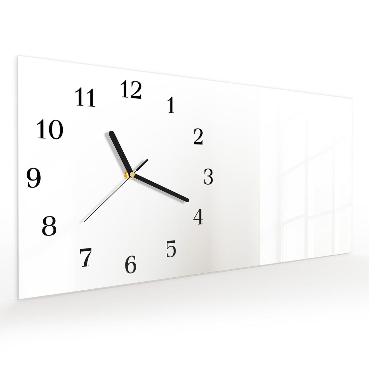 Vormontiert – mit Schwebeeffekt – Wanduhr Weisser, Heller Hintergrund aus Glas – Querformat 60 × 30 cm