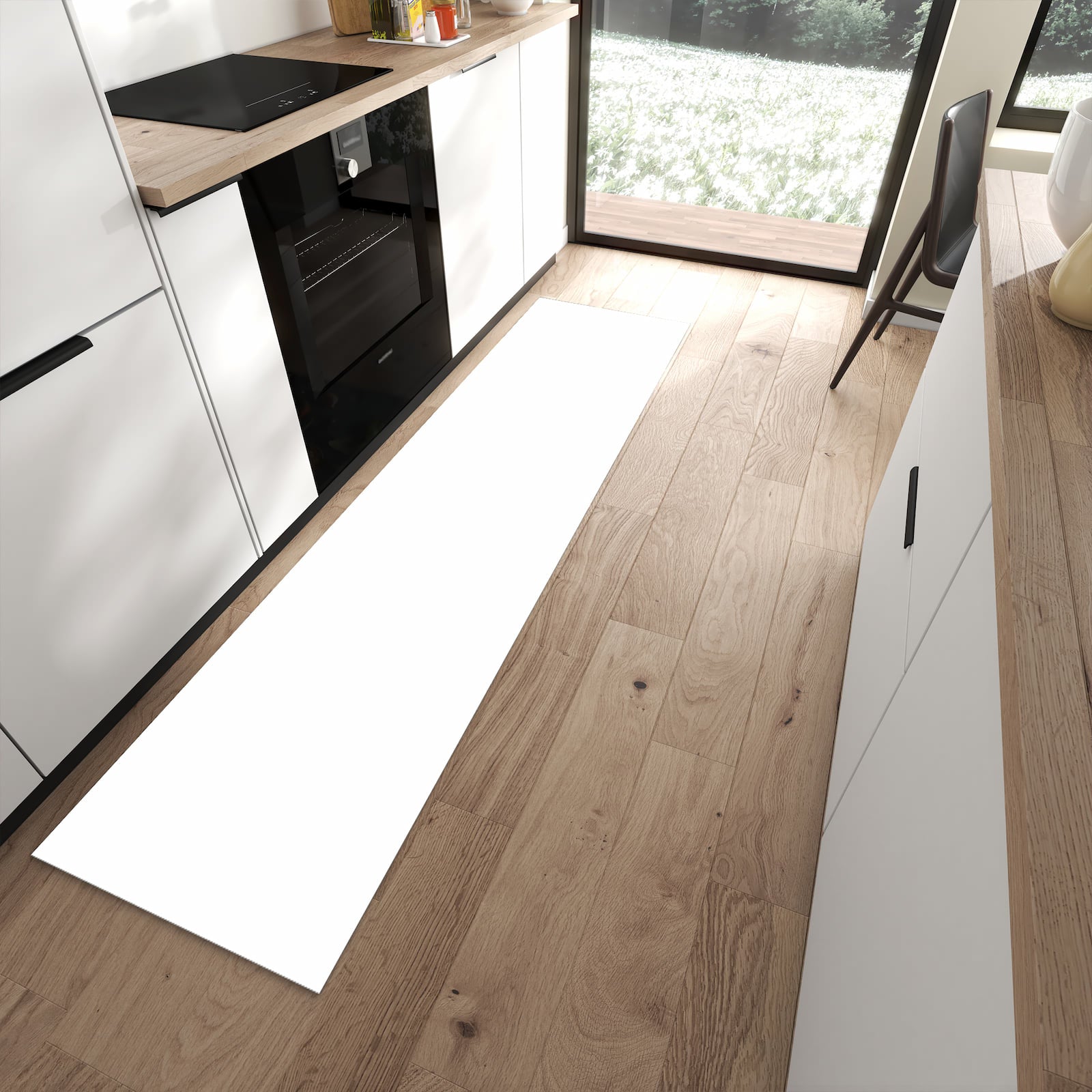 Geruchsneutraler Teppich in Küche mit Motiv Weisser, Heller Hintergrund in moderner Küche