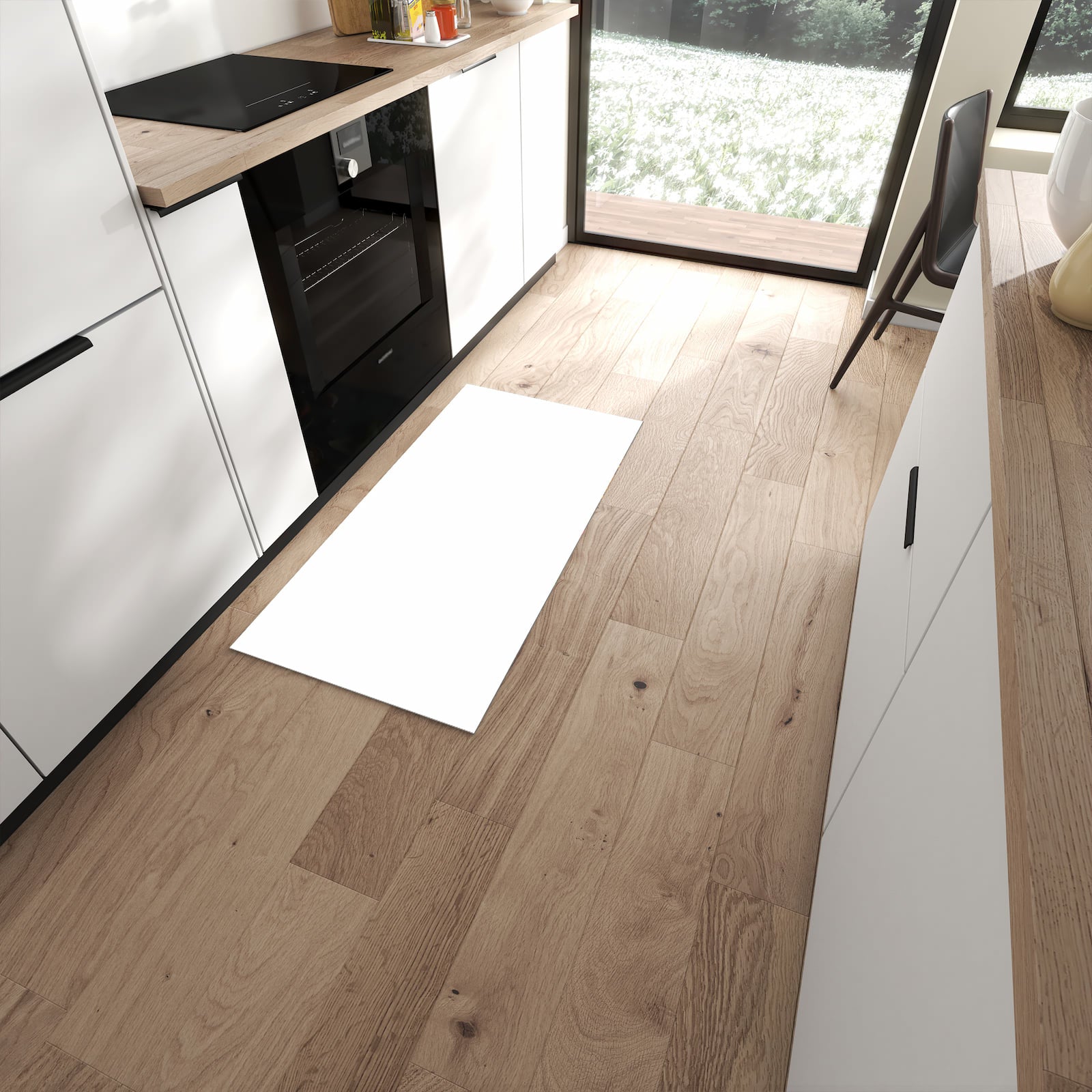 Wasserabweisender Teppich für die Küche mit Motiv Weisser, Heller Hintergrund in moderner Küche #grösse_60 x 120 cm