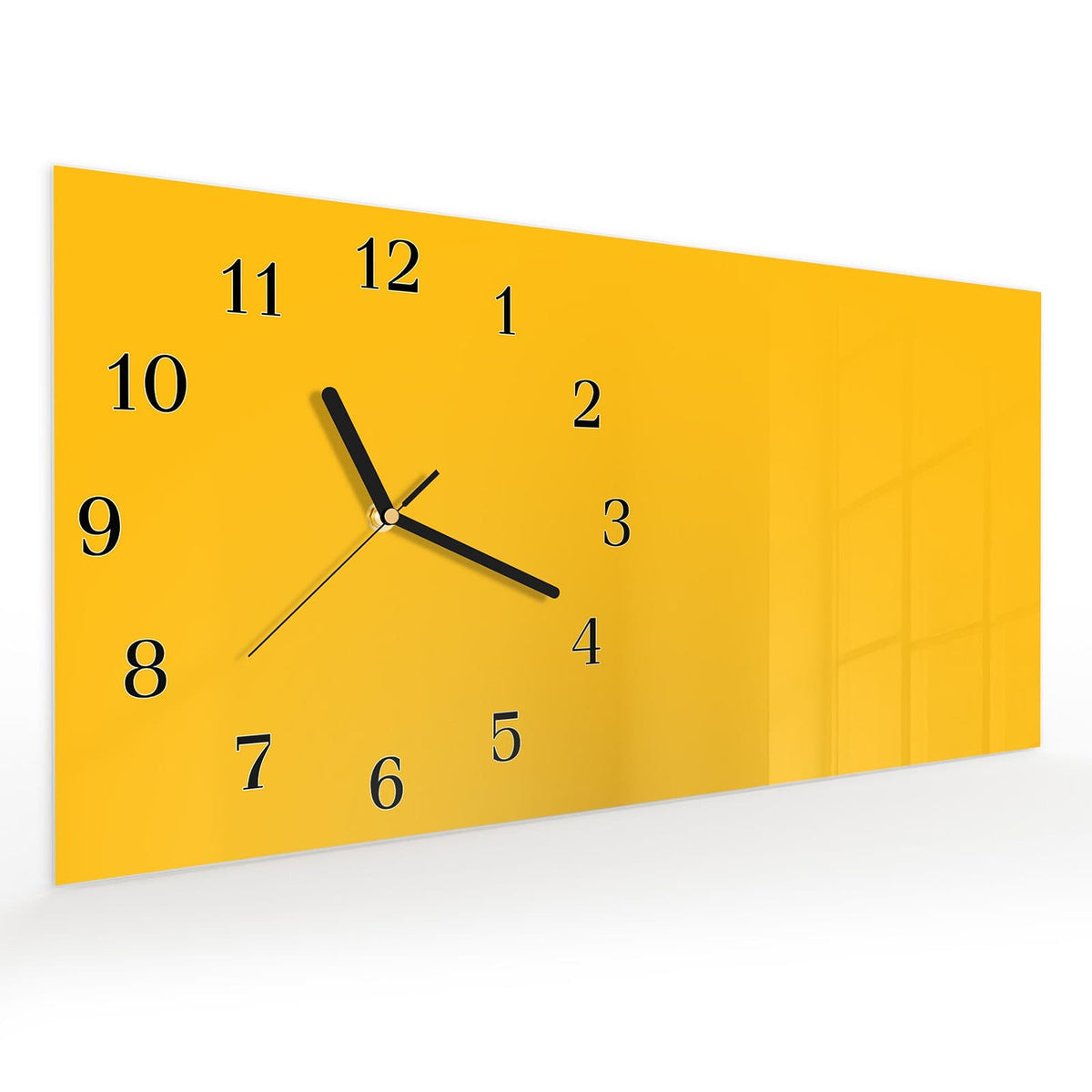 Vormontiert – mit Schwebeeffekt – Wanduhr Oranger Hintergrund I aus Glas – Querformat 60 × 30 cm
