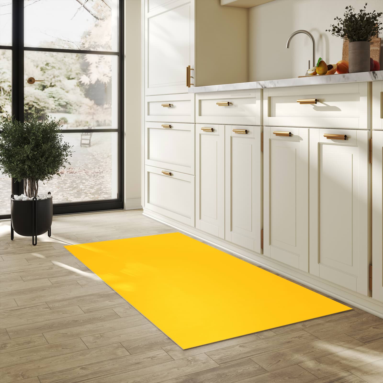 Waschbarer rutschfester Küchenteppich mit Motiv Oranger Hintergrund I in heller Küche