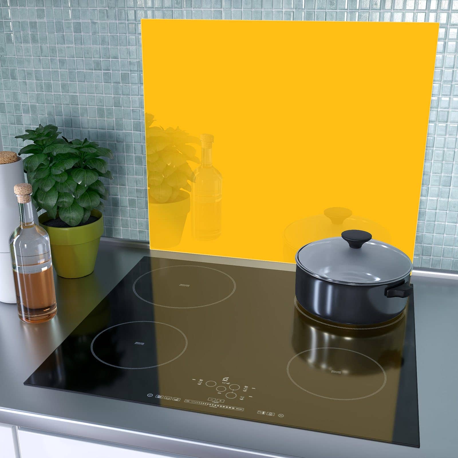 1-teilige Abdeckplatten für Herd mit Oranger Hintergrund I-Motiv als Spritzschutz hinter dem Kochfeld