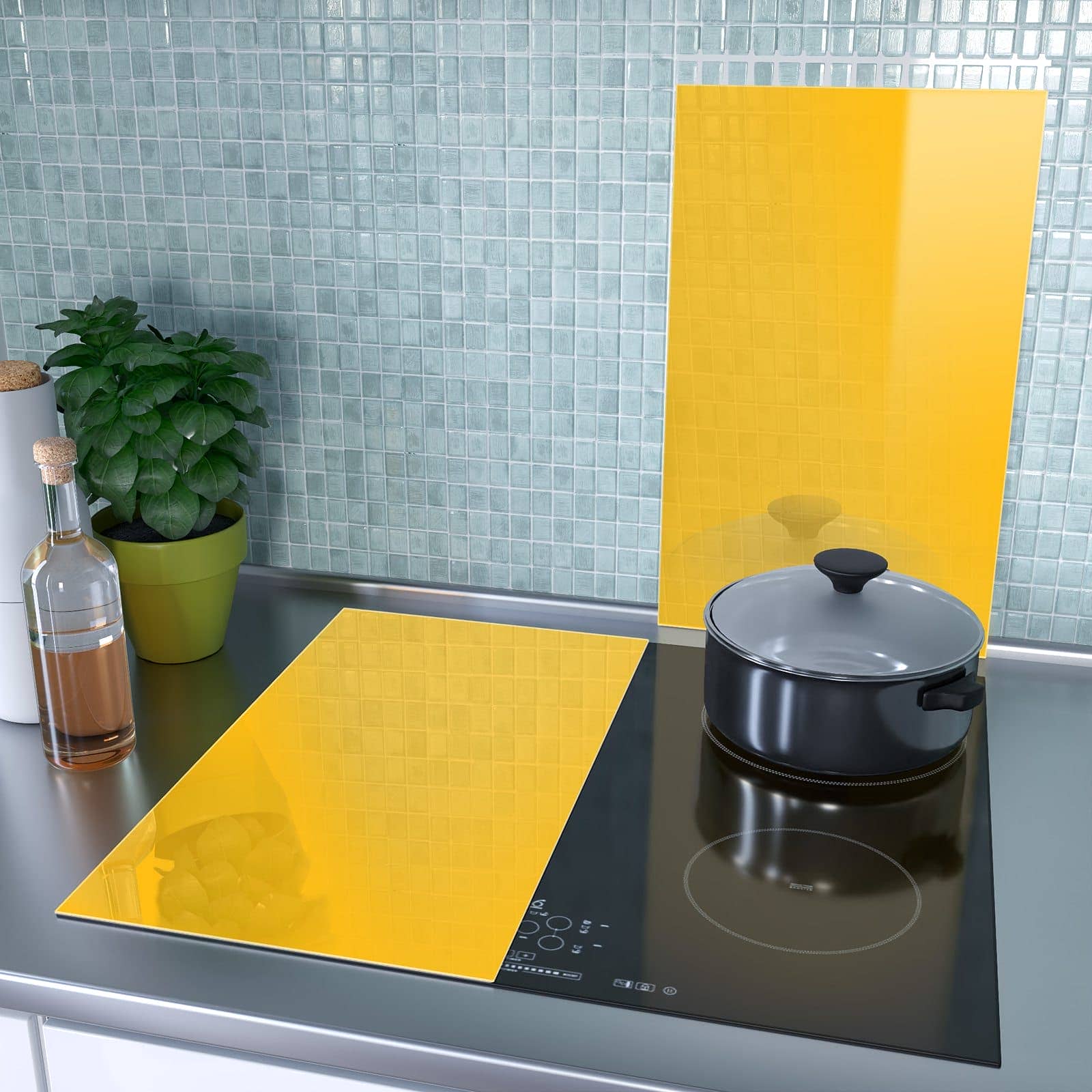 2-teilige Herdabdeckplatte mit Oranger Hintergrund I-Motiv als Spritzschutz hinter dem Kochfeld