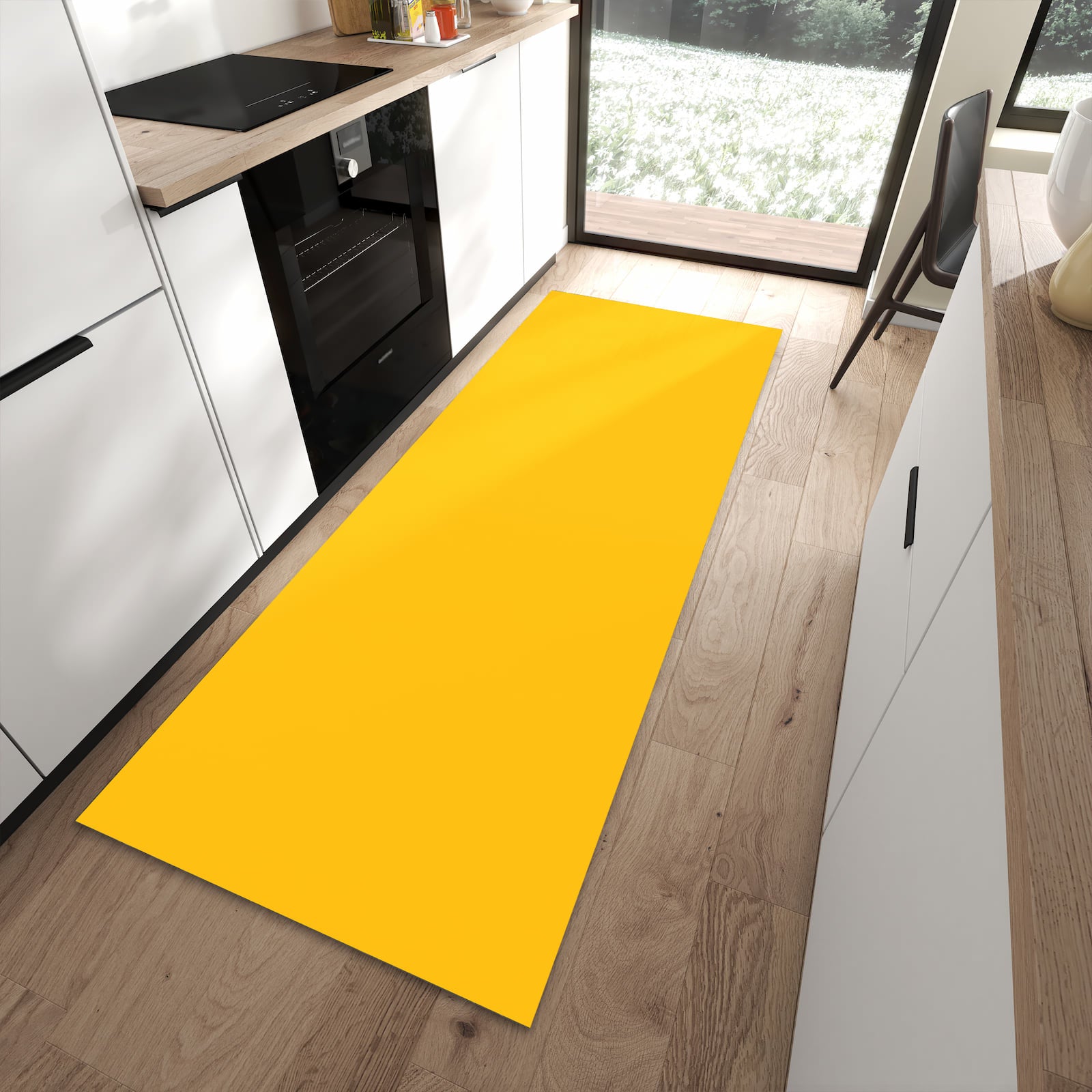 Komfortabler Küchenteppich mit Motiv Oranger Hintergrund I in moderner Küche