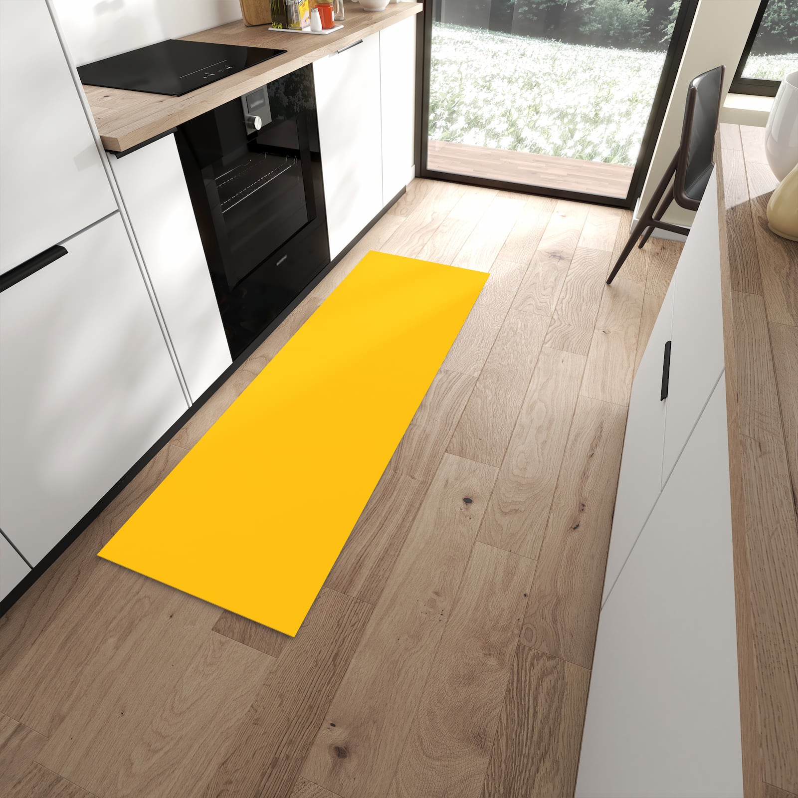 Bodenschonender rutschfester Küchenläufer mit Motiv Oranger Hintergrund I in moderner Küche