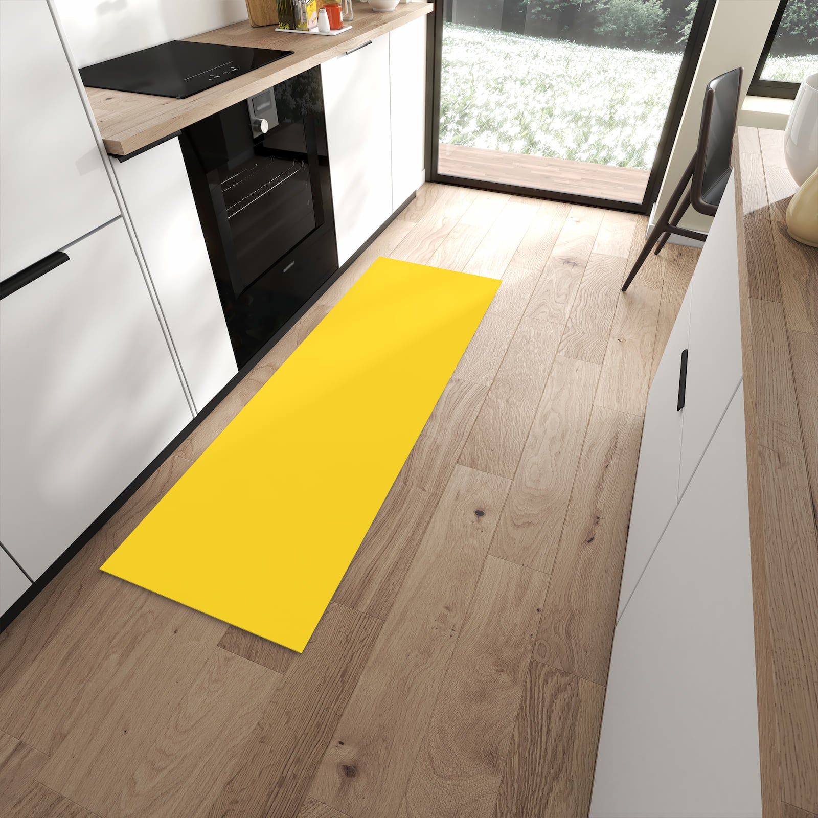 Langlebiger Küchenteppich mit Motiv Oranger Hintergrund II in moderner Küche