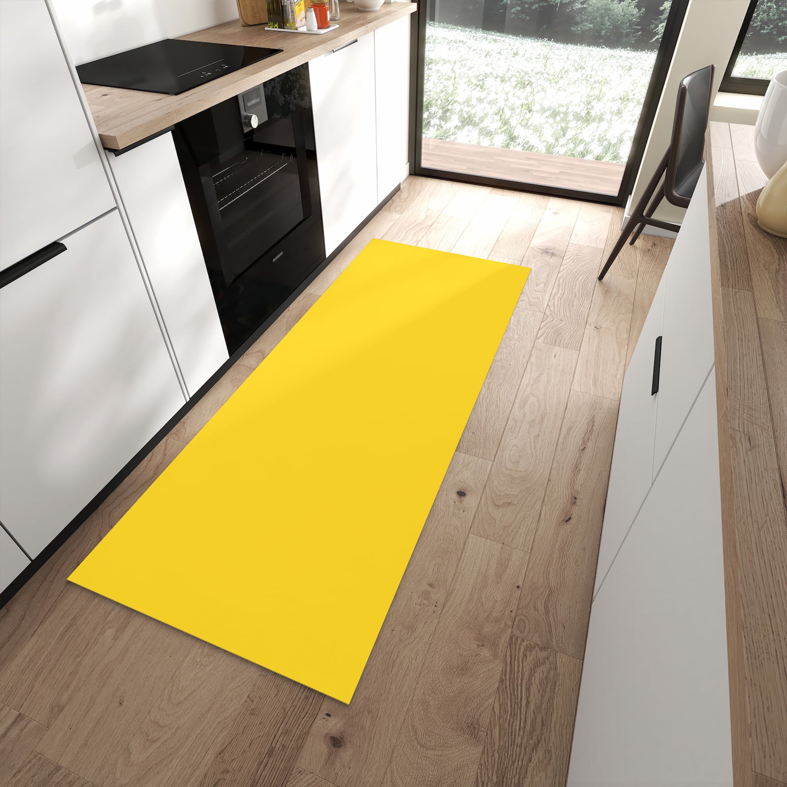 Waschbarer Küchenteppich mit Motiv Oranger Hintergrund II in moderner Küche