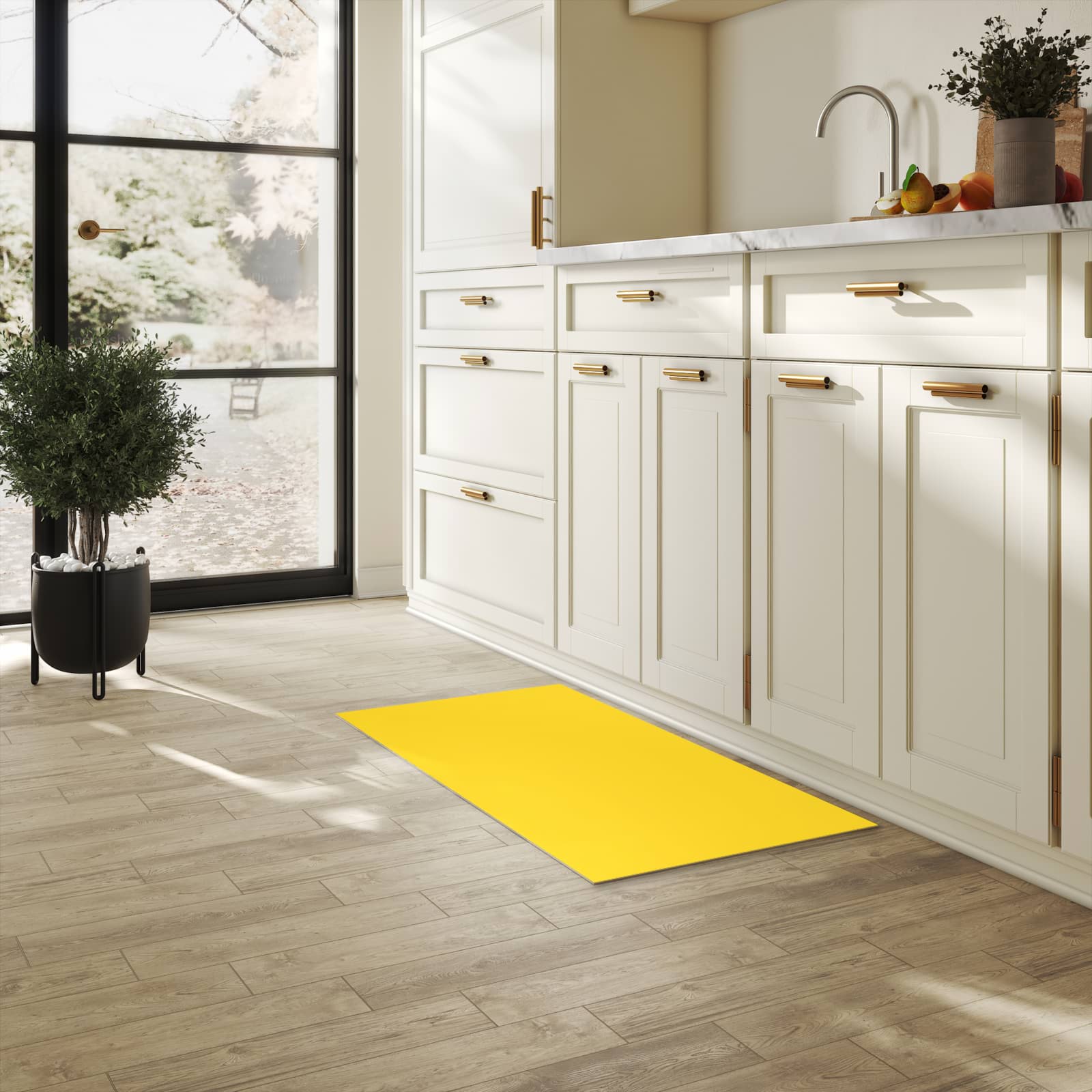 Bodenschonender Küchenteppich mit Motiv Oranger Hintergrund II in heller Küche