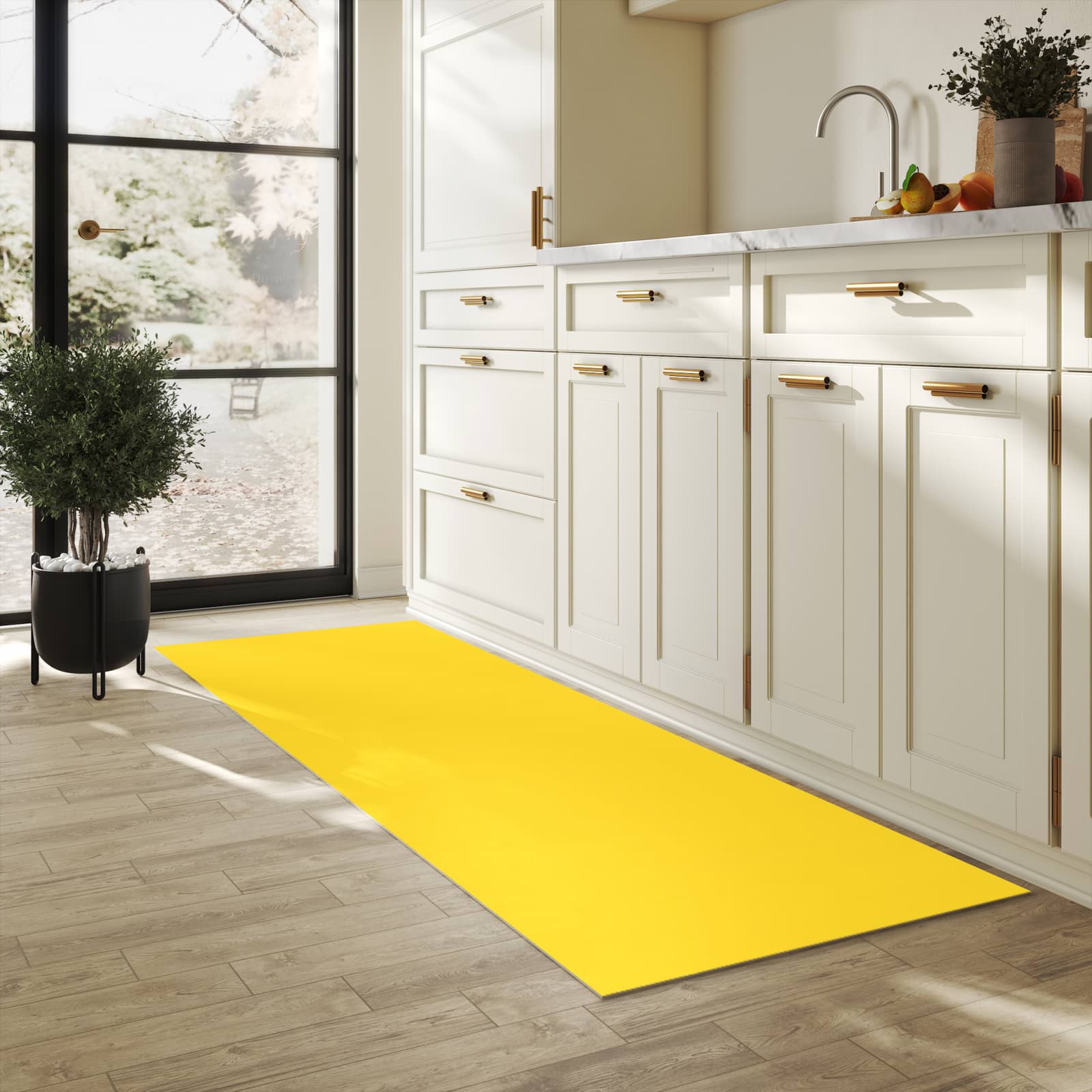 Abriebfester Küchenläufer mit Motiv Oranger Hintergrund II in heller Küche