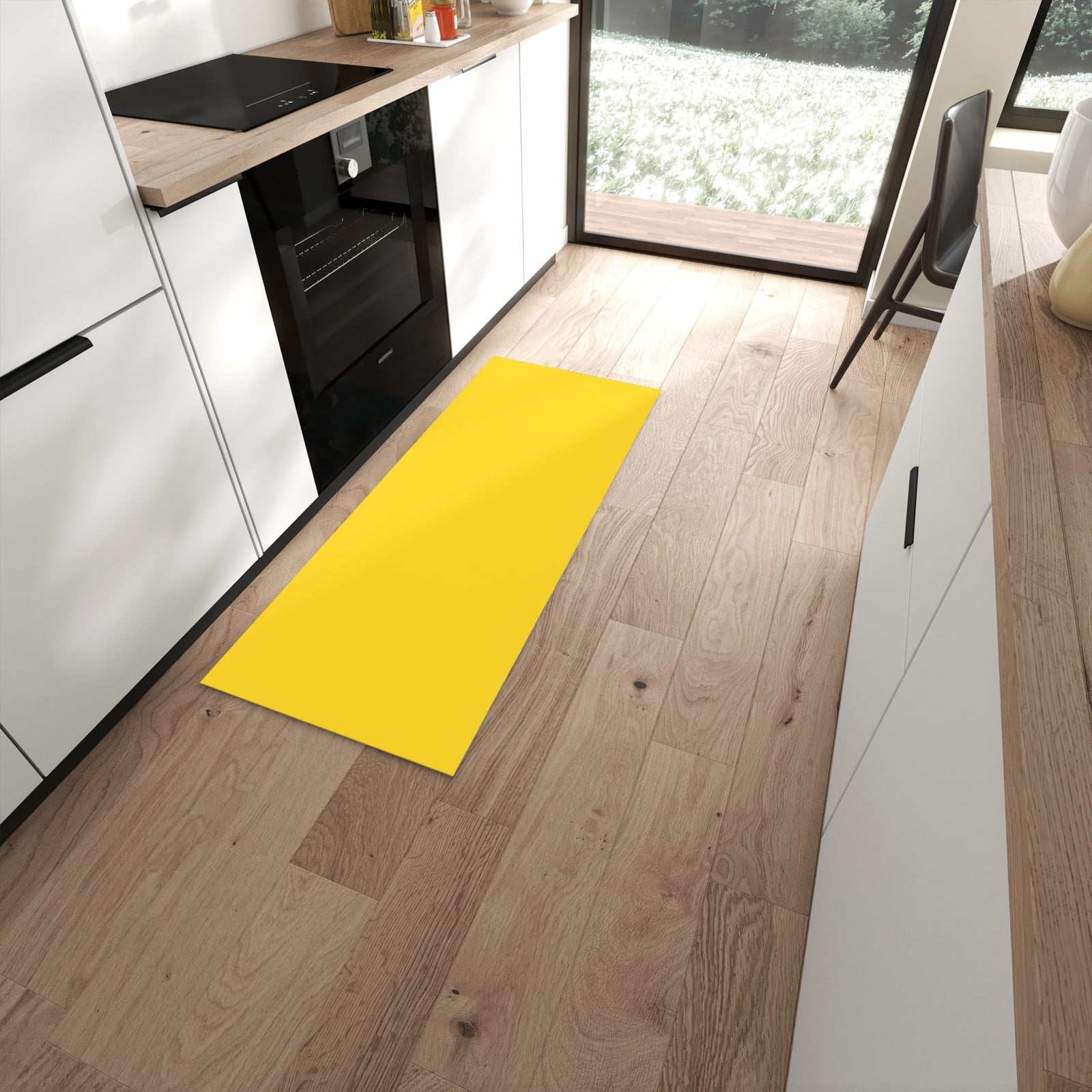 Geruchsneutraler rutschfester Küchenteppich mit Motiv Oranger Hintergrund II in moderner Küche #grösse_60 x 150 cm