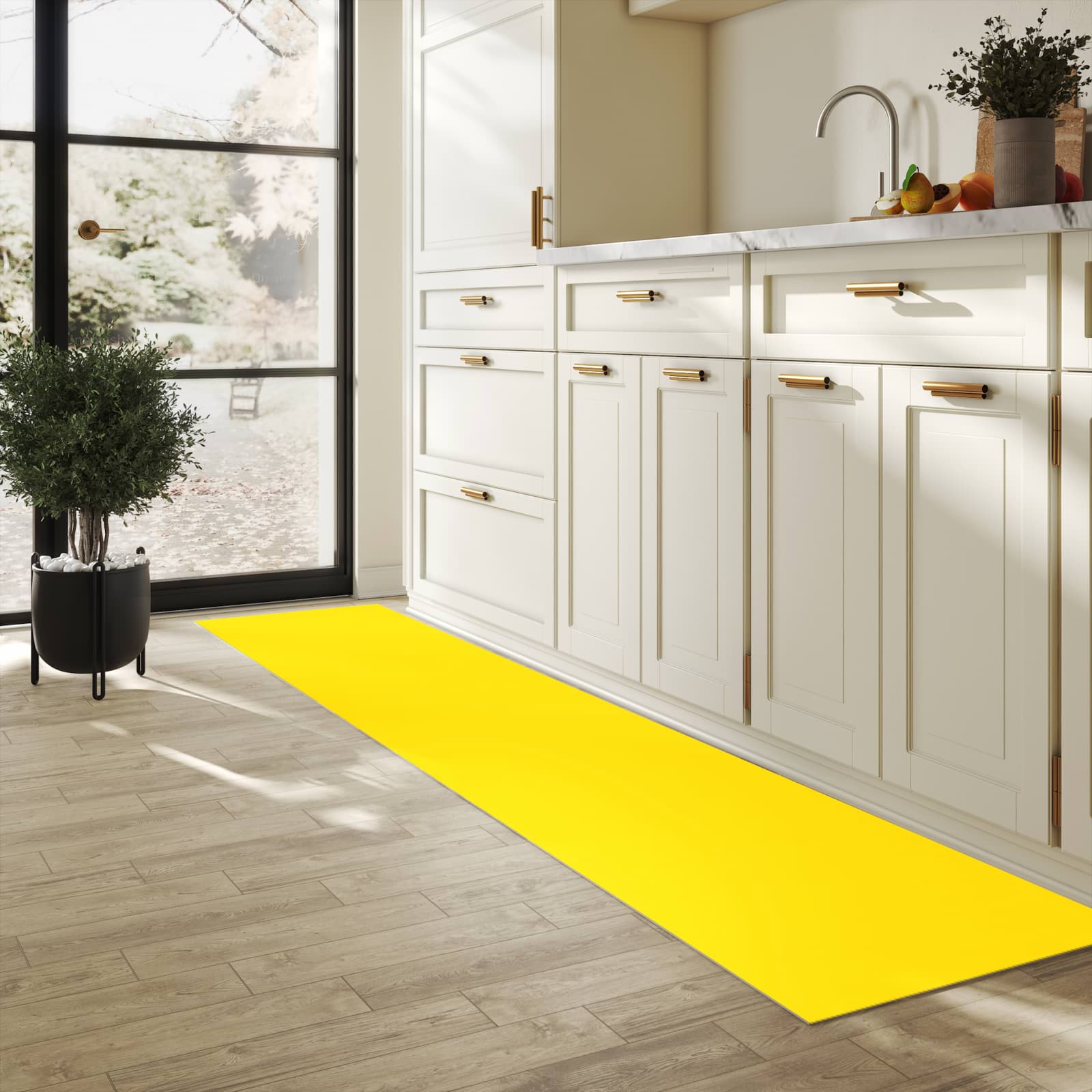 Pflegeleichter Küchenläufer nach Maß mit Motiv Oranger Hintergrund III in heller Küche