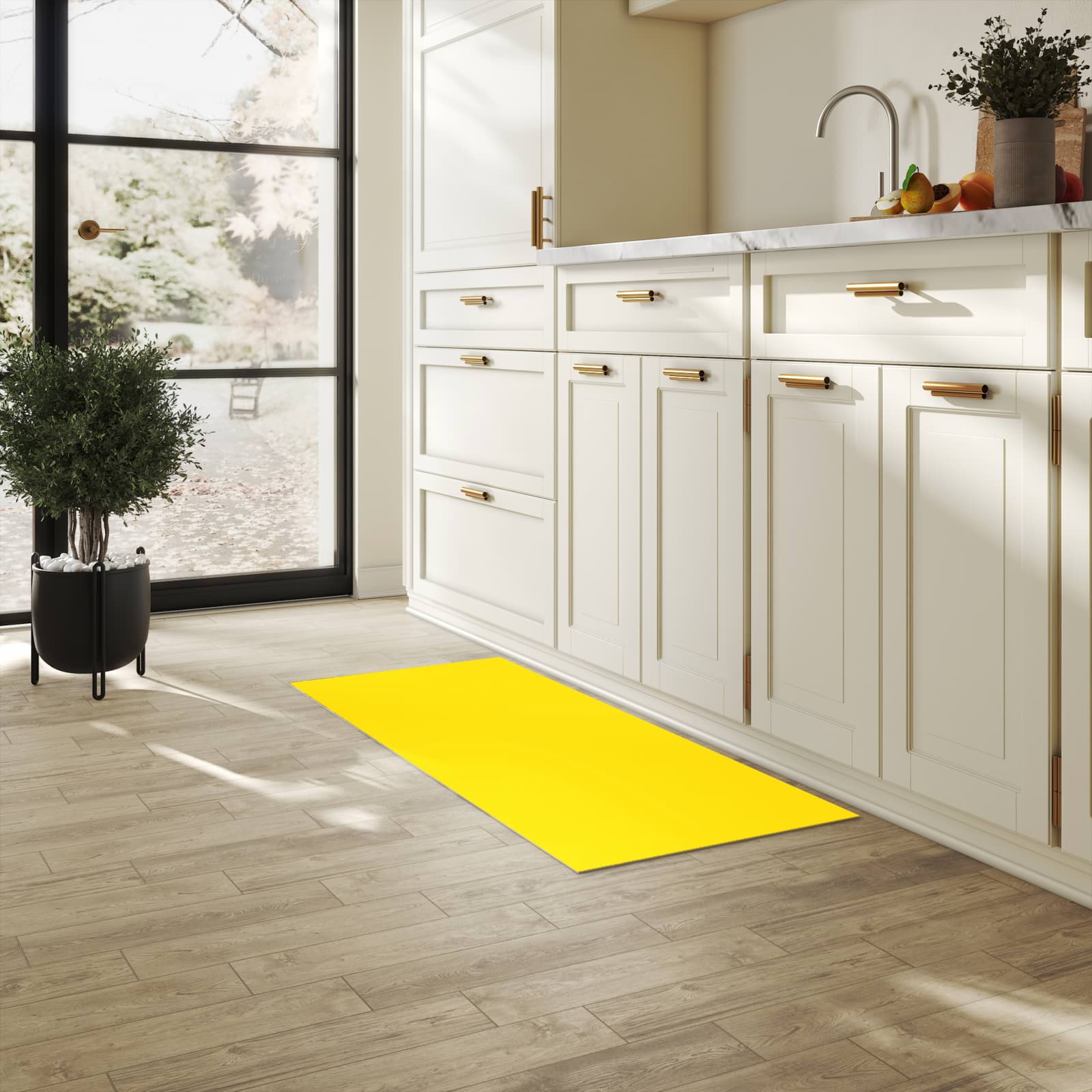 Flacher rutschfester Küchenläufer mit Motiv Oranger Hintergrund III in heller Küche