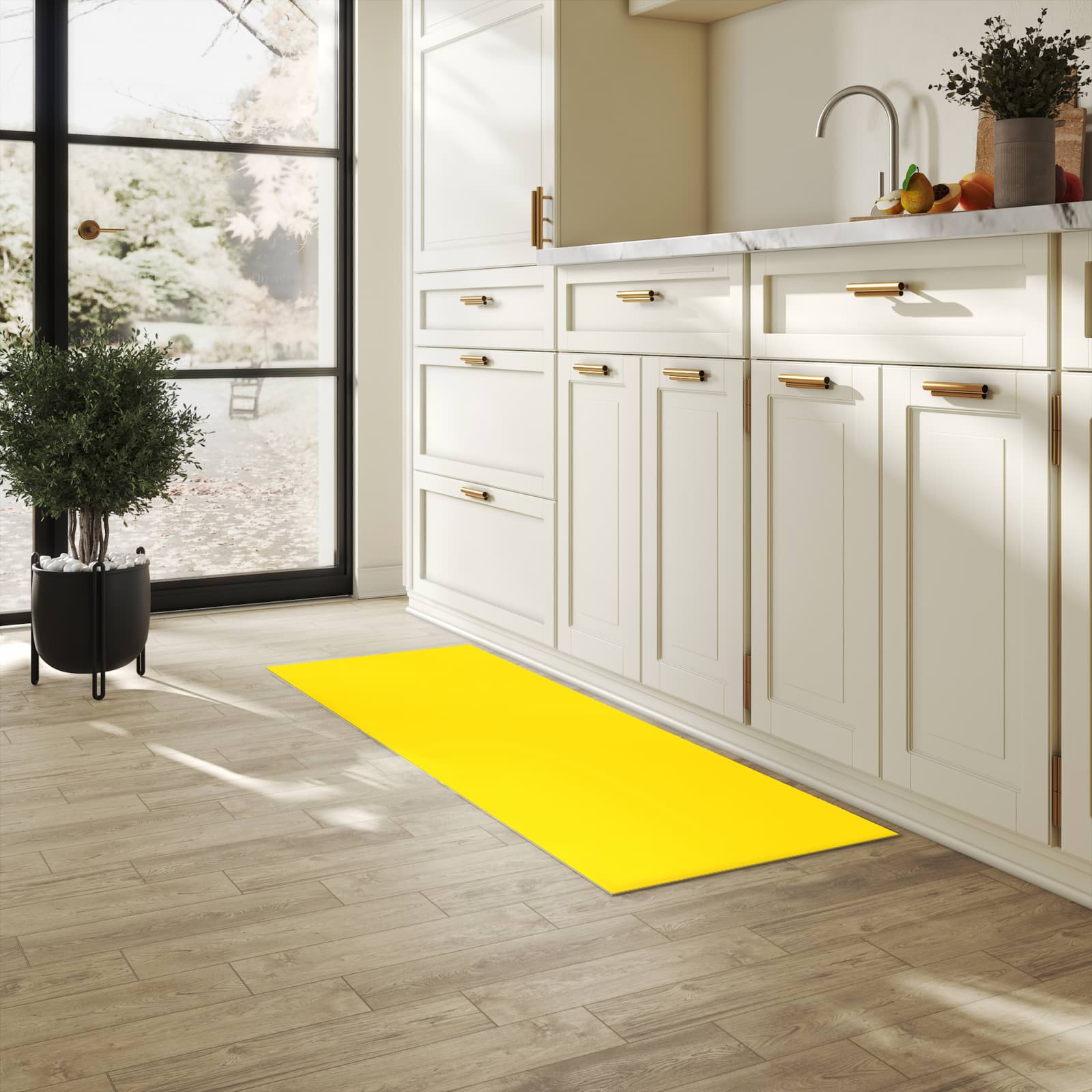 Pflegeleichter waschbarer Küchenläufer mit Motiv Oranger Hintergrund III in heller Küche