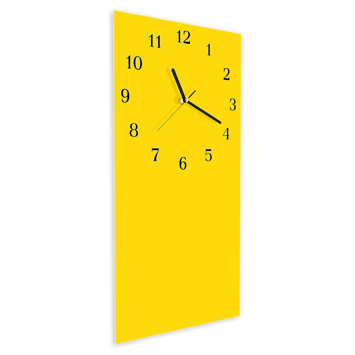 Wanduhr aus Glas im Hochformat Kanariengelb schräg von der Seite, 4 mm starkes Glas