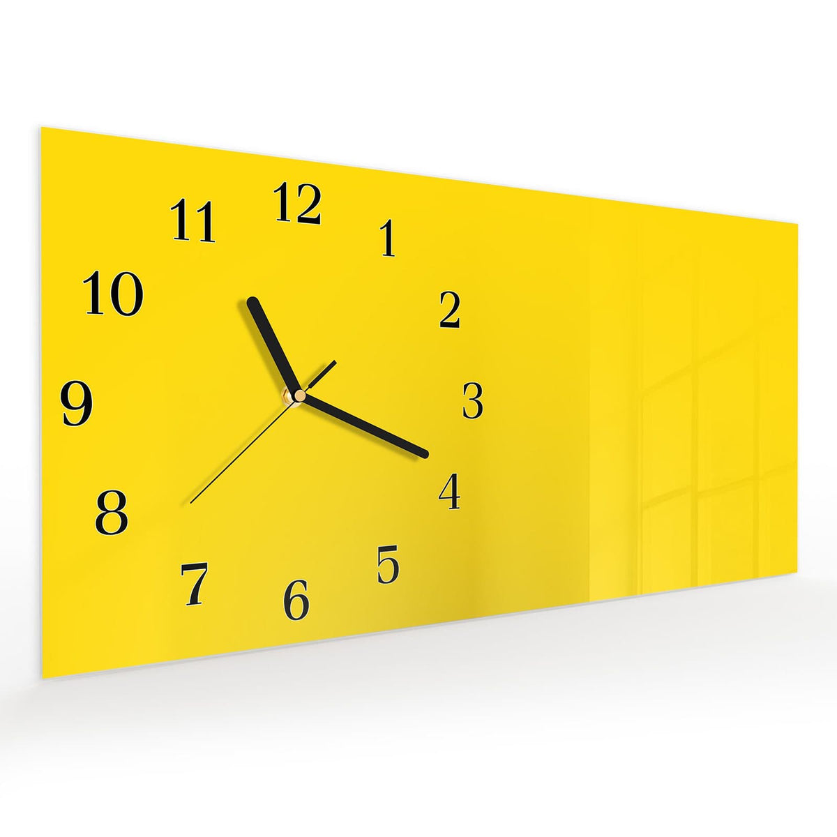 Vormontiert – mit Schwebeeffekt – Wanduhr Oranger Hintergrund III aus Glas – Querformat 60 × 30 cm