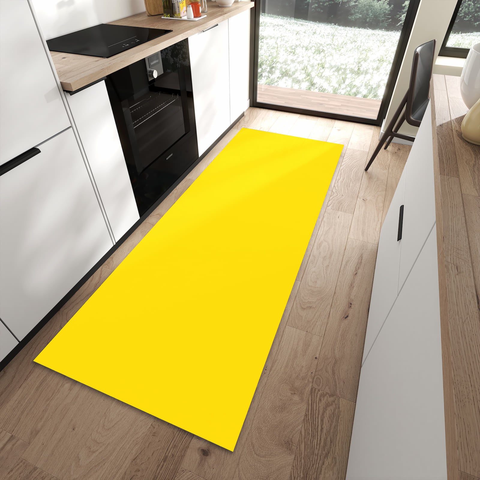 Fleckenresistenter waschbarer Küchenteppich mit Motiv Oranger Hintergrund III in moderner Küche