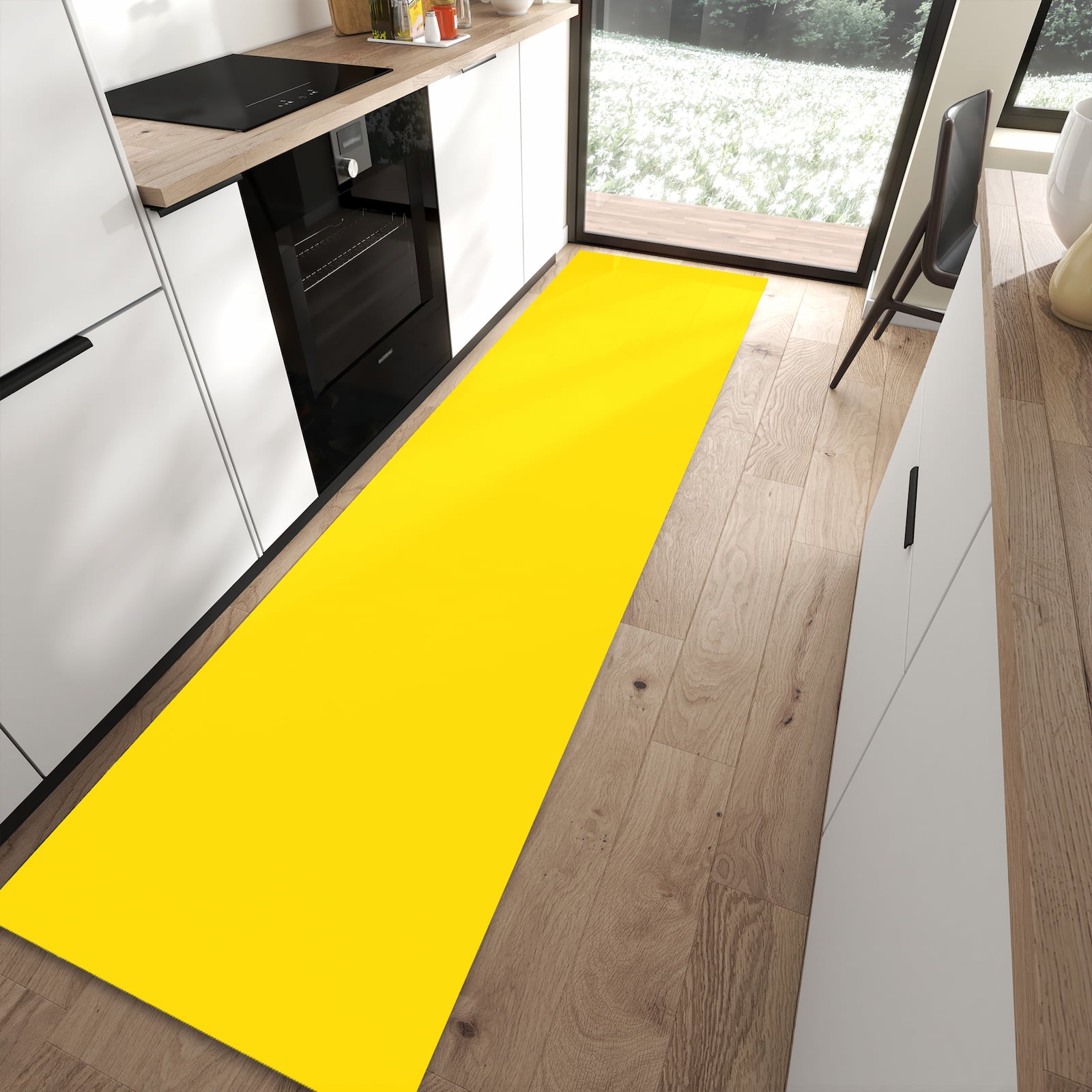 Komfortabler Bodenläufer-Teppich mit Motiv Oranger Hintergrund III in moderner Küche