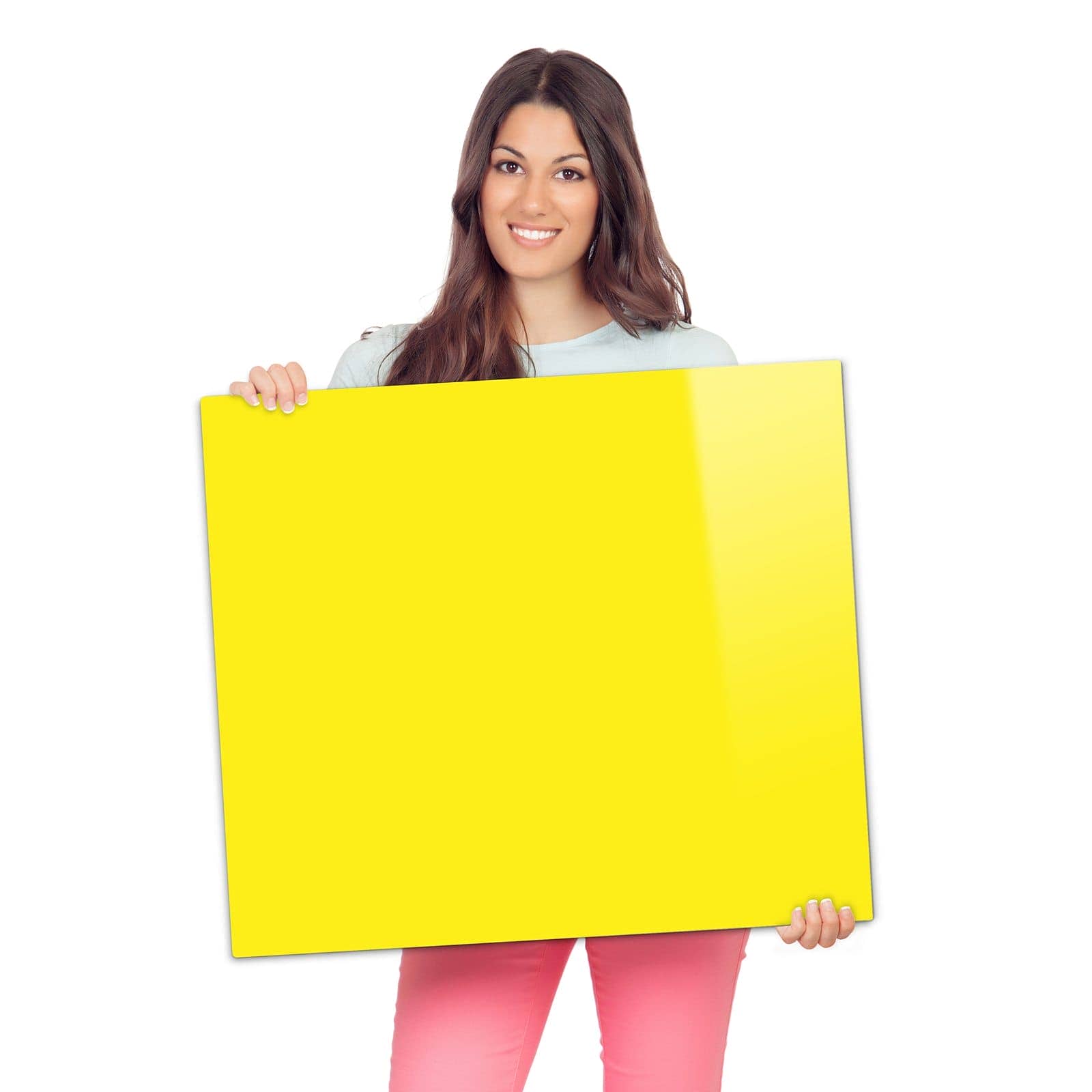 Glasplatte für Herd mit Gelber Hintergrund I-Motiv wird zur Größendarstellung gehalten