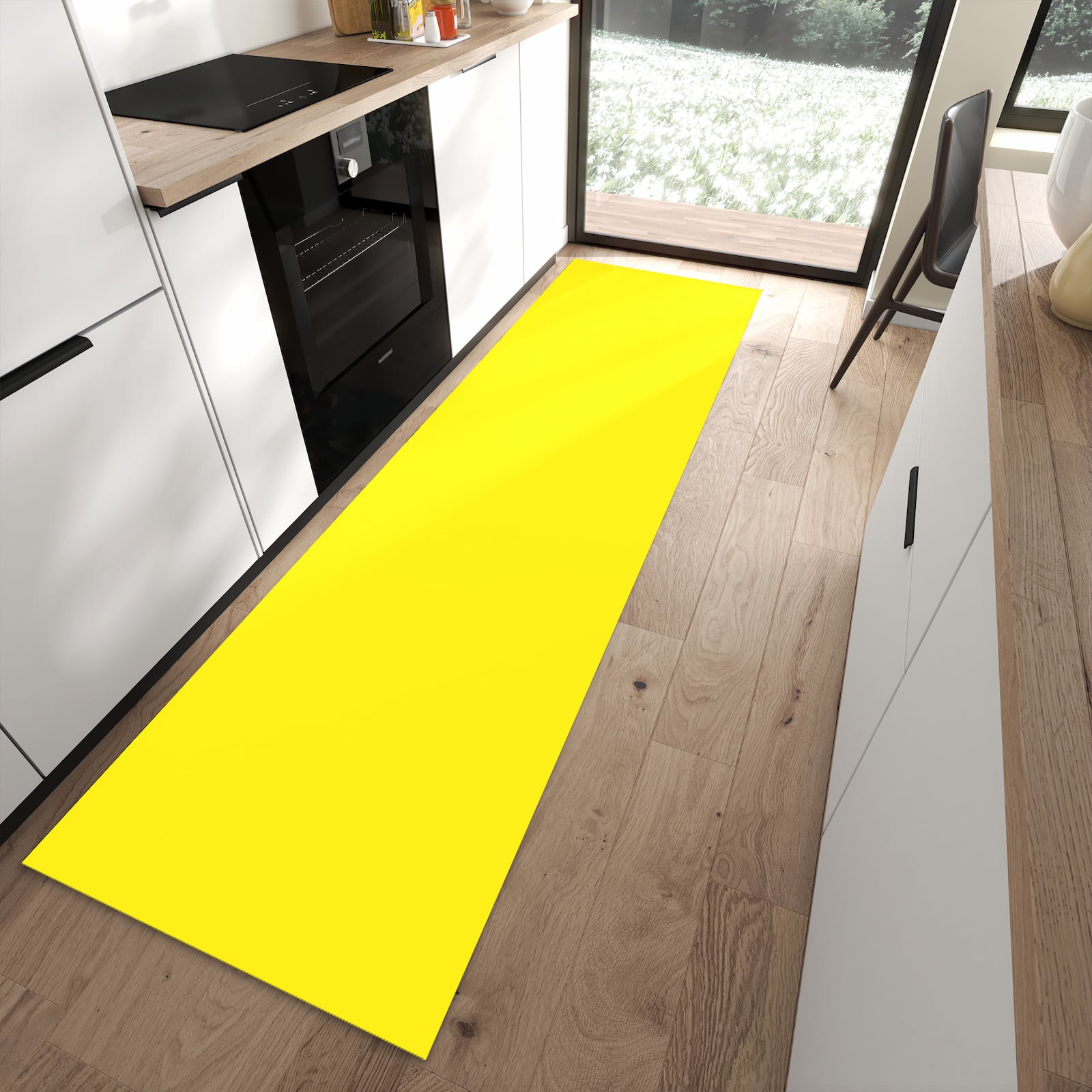 Waschbarer Küchenläufer mit Motiv Gelber Hintergrund I in moderner Küche