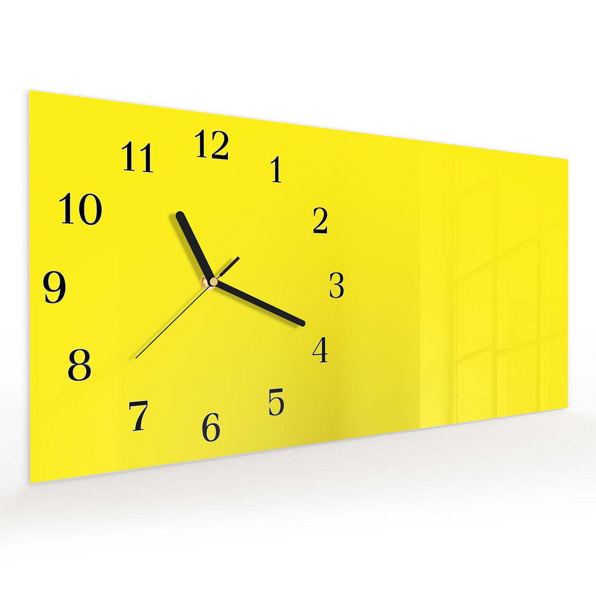 Vormontiert – mit Schwebeeffekt – Wanduhr Gelber Hintergrund I aus Glas – Querformat 60 × 30 cm
