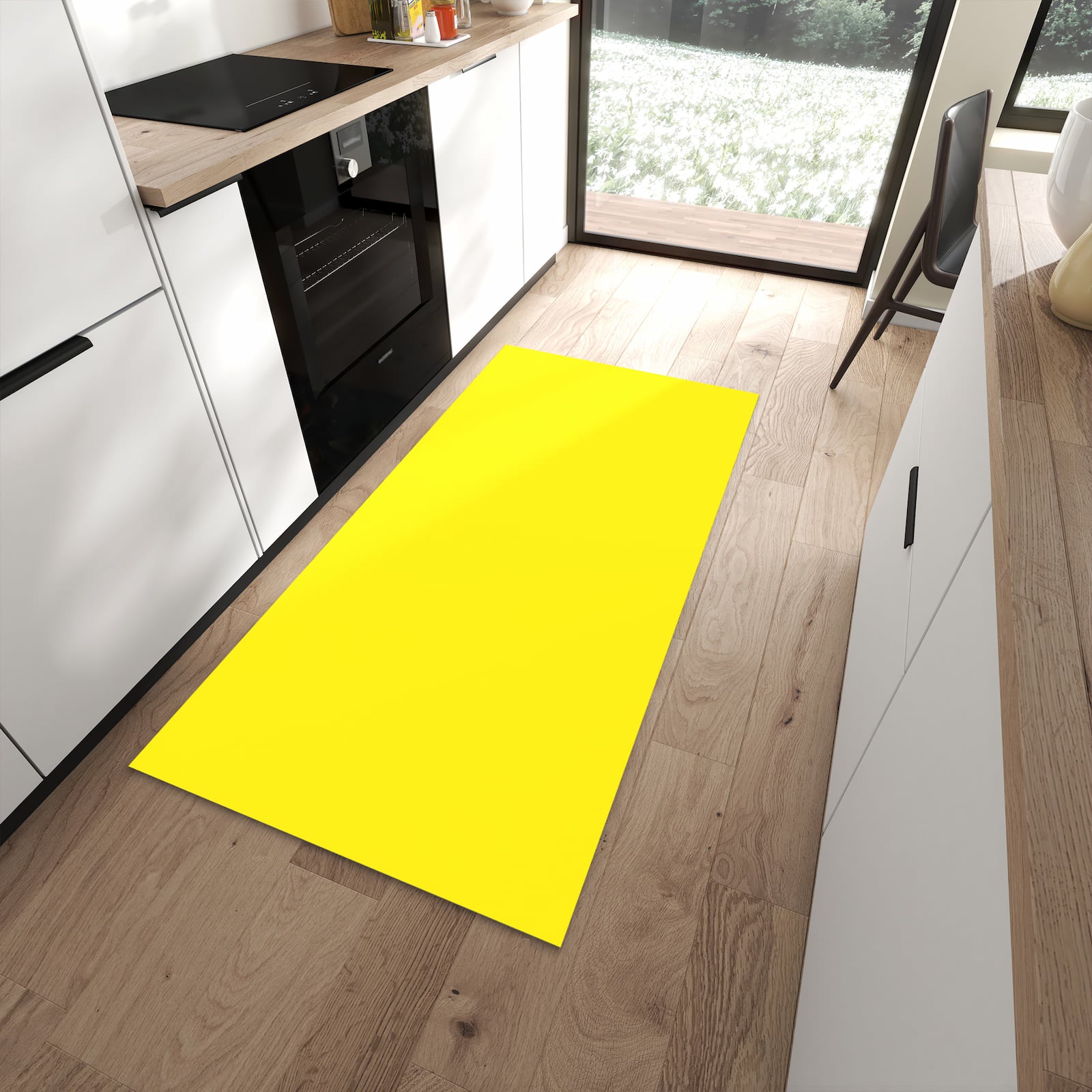 Rutschfester waschbarer Küchenläufer mit Motiv Gelber Hintergrund I in moderner Küche