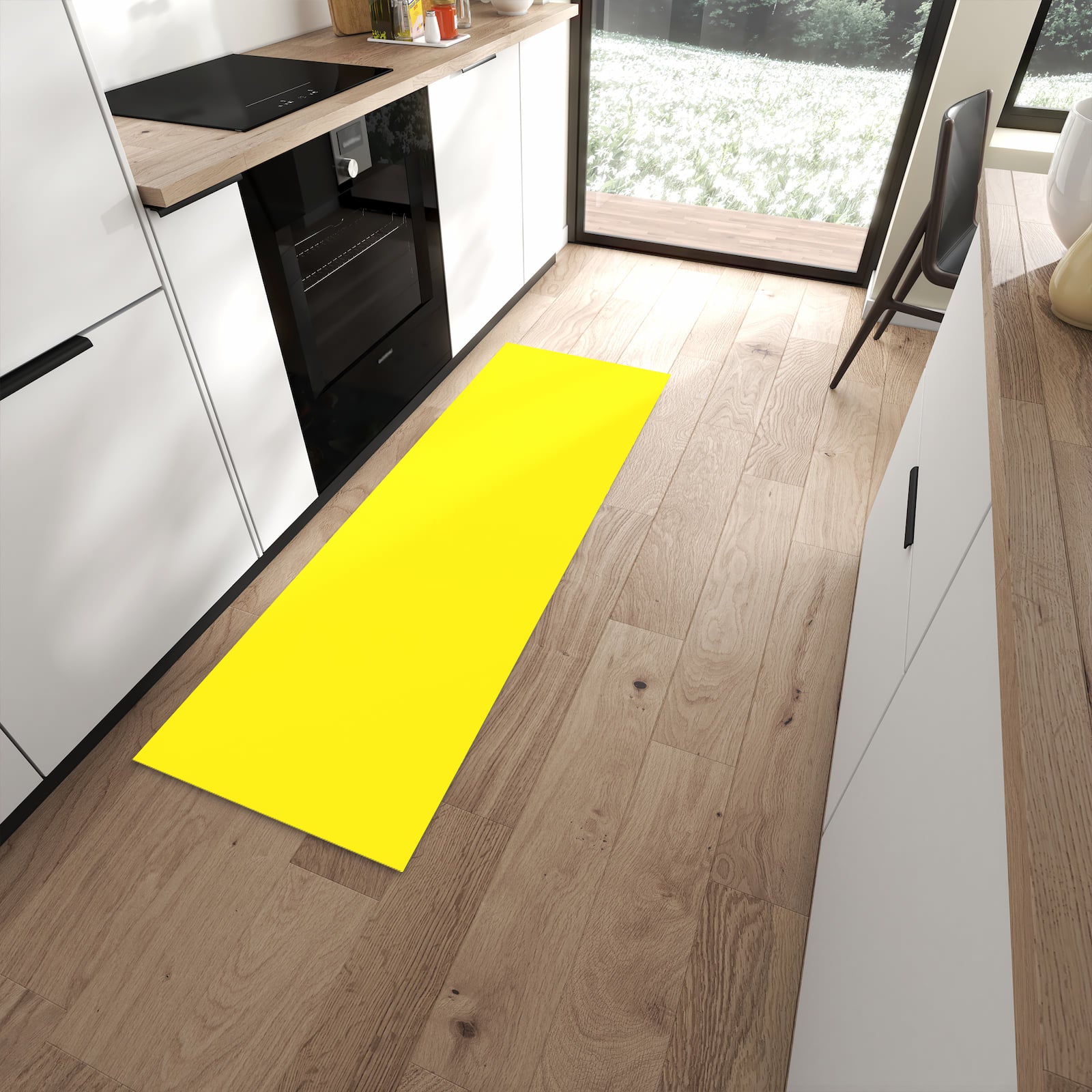 Pflegeleichter Läufer für die Küche mit Motiv Gelber Hintergrund I in moderner Küche