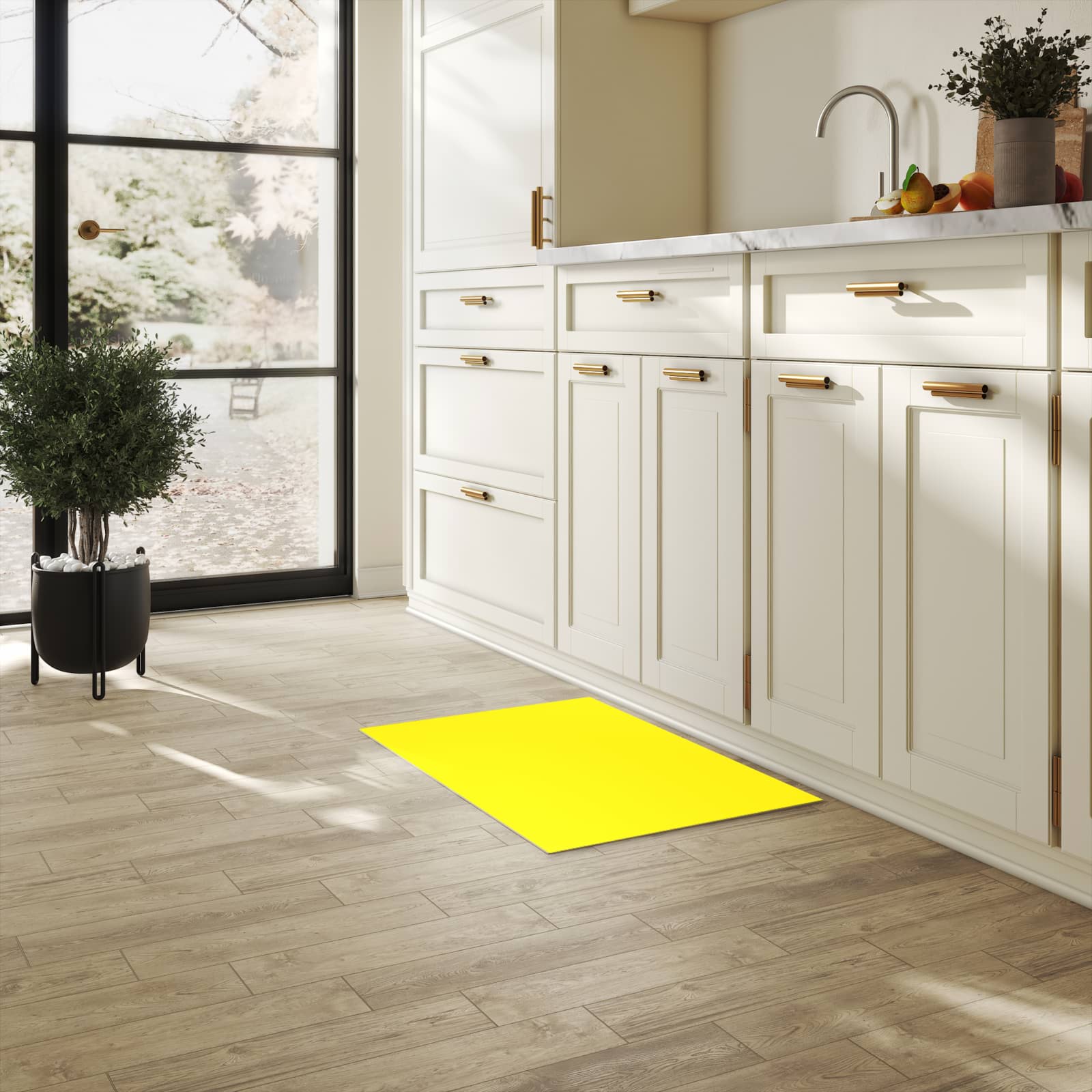 Abriebfester großer Küchenteppich mit Motiv Gelber Hintergrund I in heller Küche