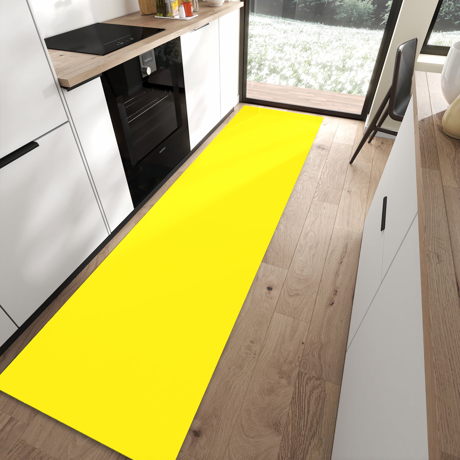 Langlebiger Küchenläufer mit Motiv Gelber Hintergrund I in moderner Küche