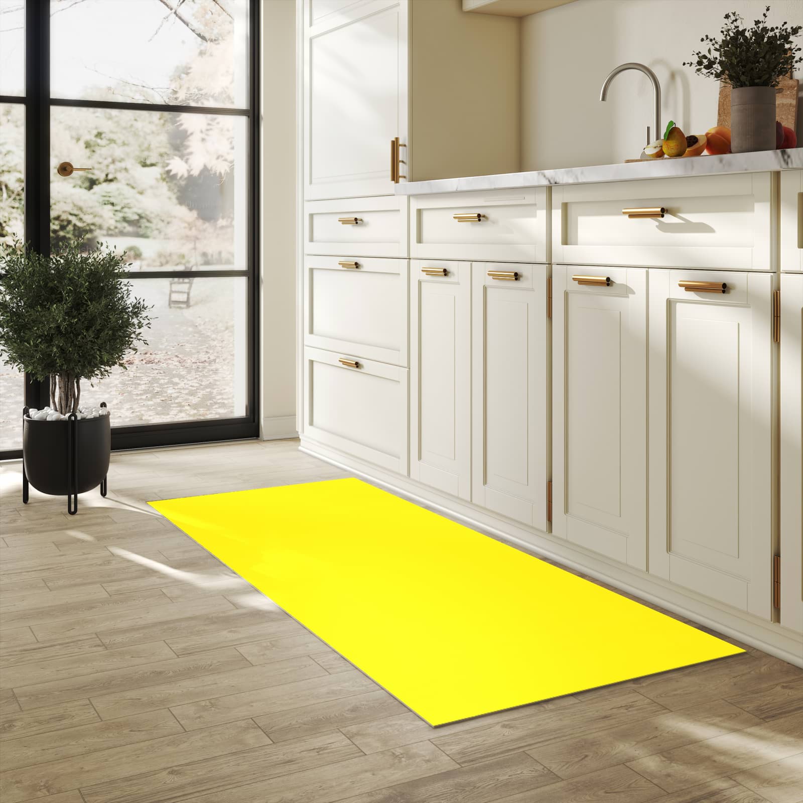 UV-beständiger Küchenteppich mit Motiv Gelber Hintergrund I in heller Küche