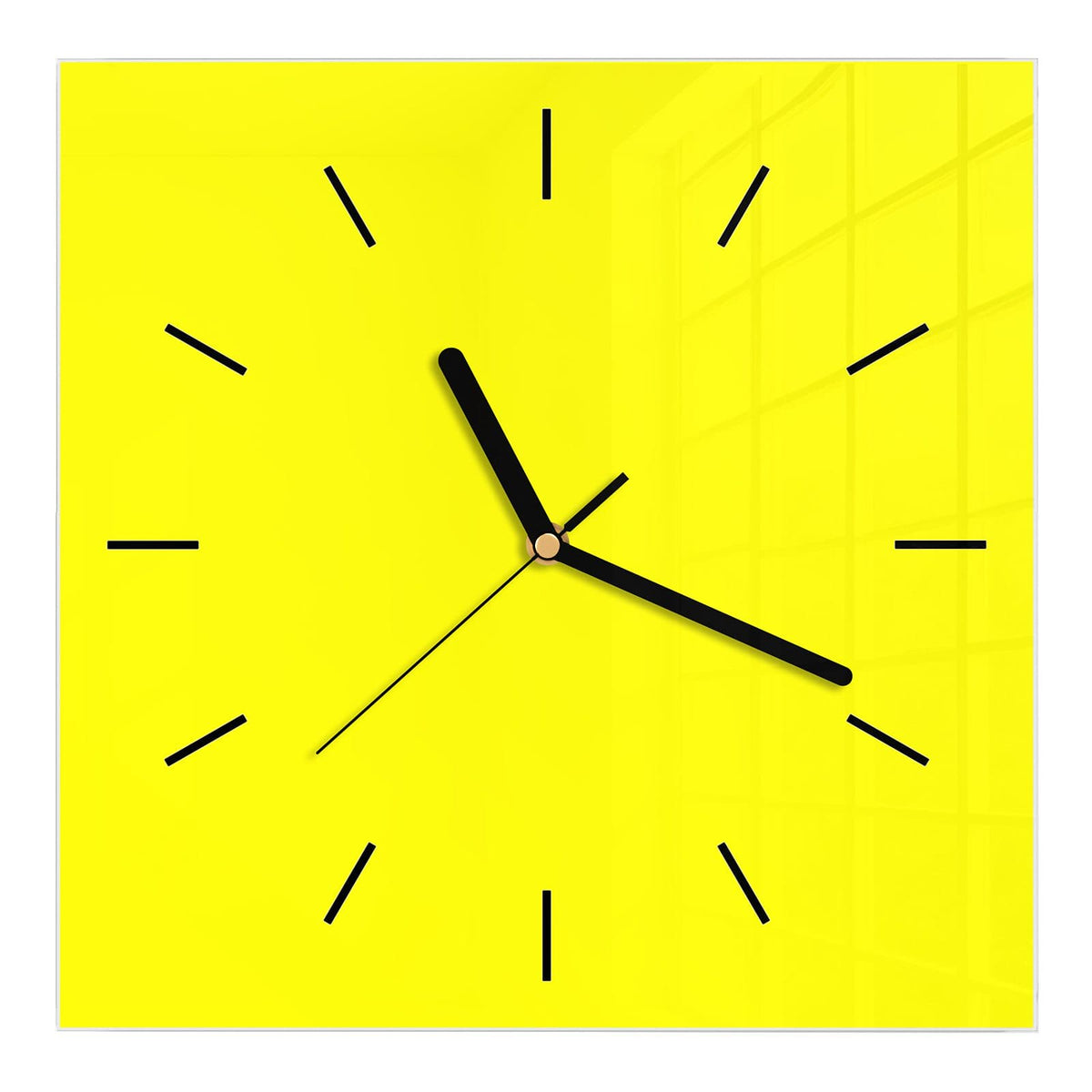 Wanduhr aus Glas, Ziffernblatt Linie mit Motiv Zitronengelb: Vollflächiges reines, sehr grelles Gelb