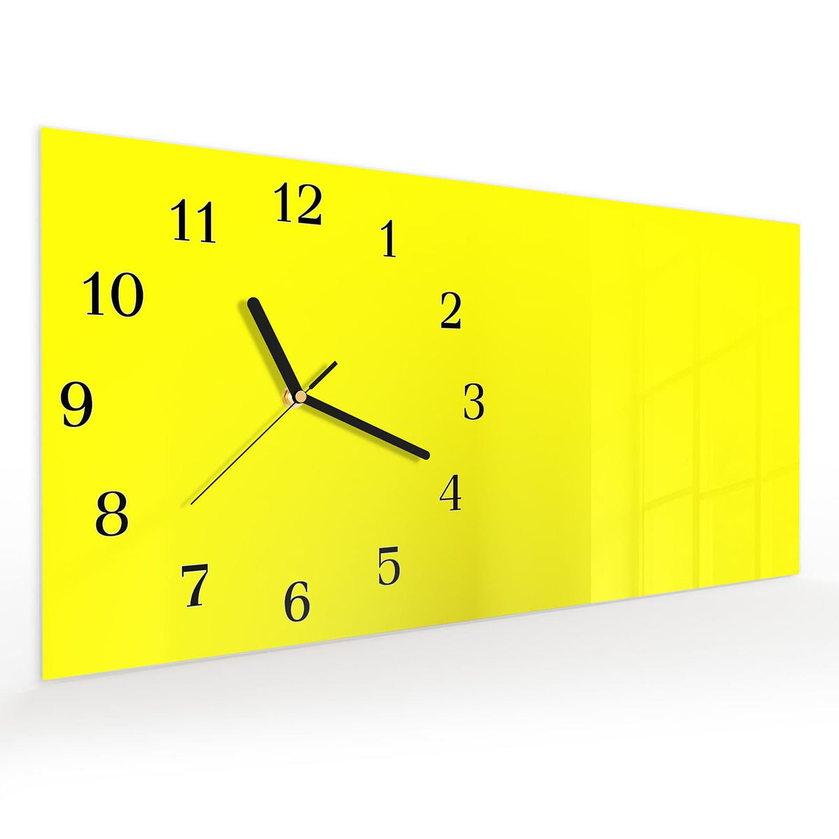 Vormontiert – mit Schwebeeffekt – Wanduhr Gelber Hintergrund II aus Glas – Querformat 60 × 30 cm