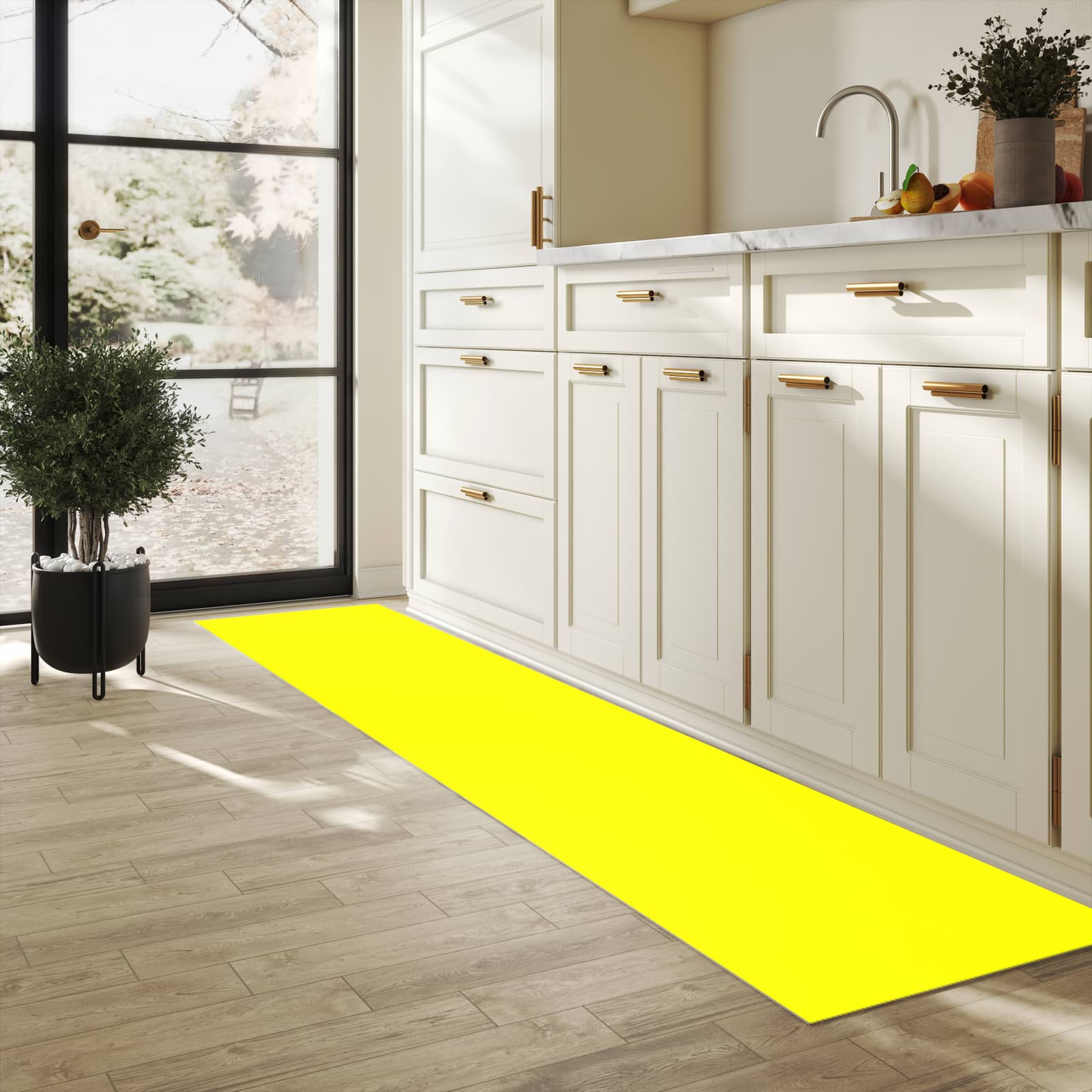 Hygienischer rutschfester Küchenteppich mit Motiv Gelber Hintergrund II in heller Küche