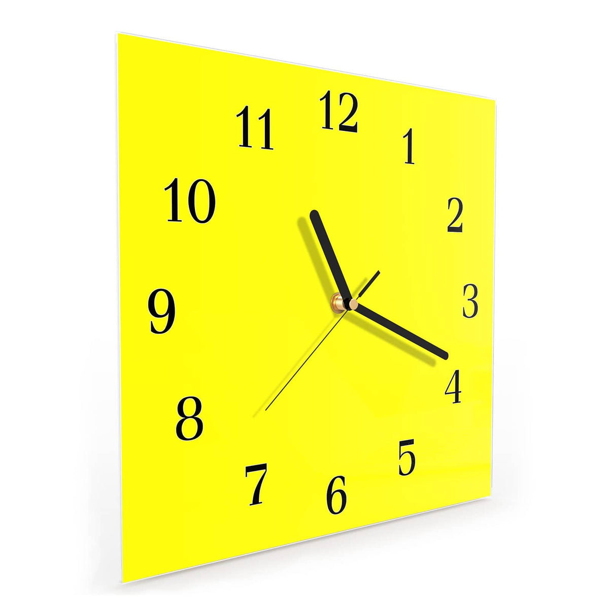 Quadratische Wanduhr aus Glas Zitronengelb schräg von der Seite, 4 mm starkes Glas