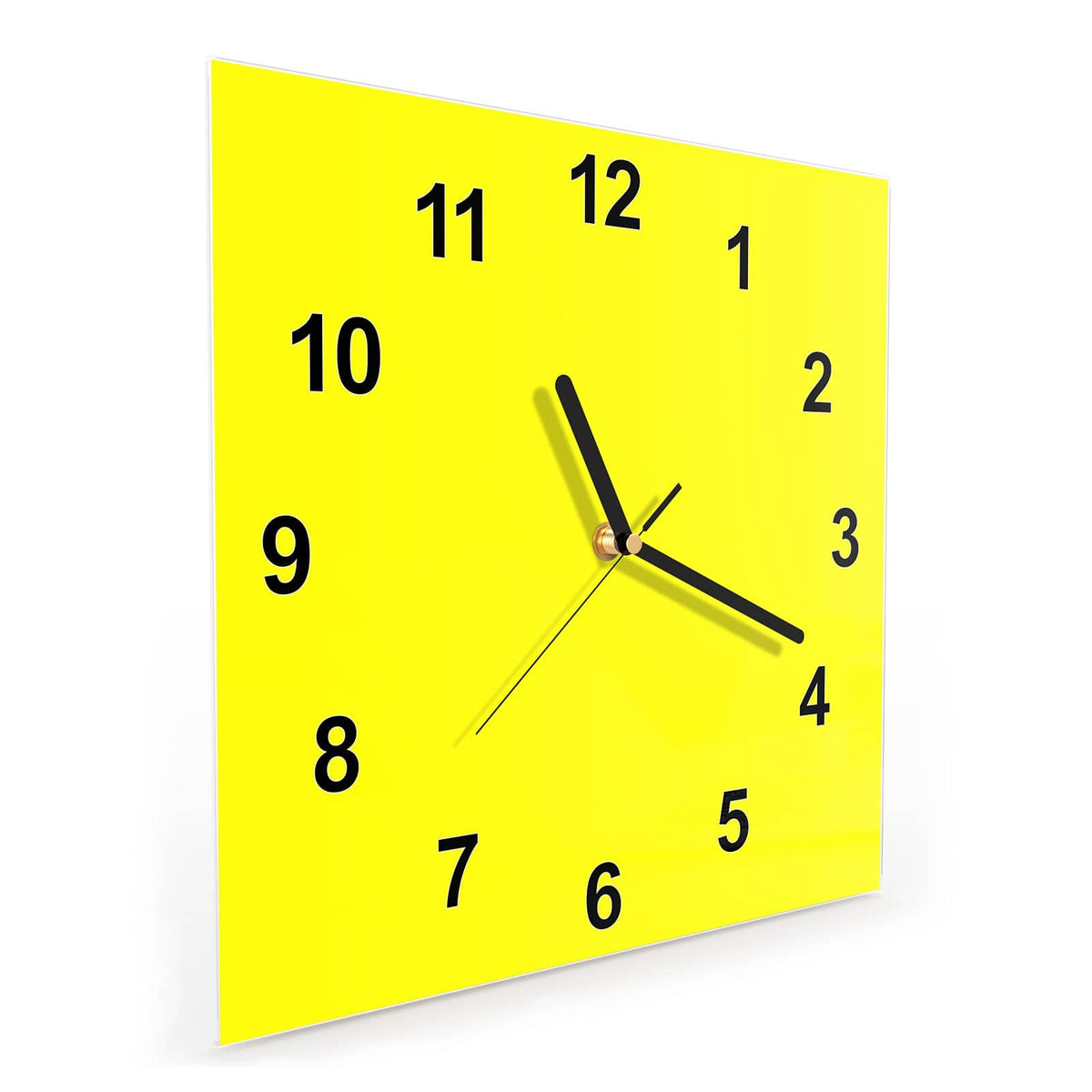 Quadratische Wanduhr aus Glas Zitronengelb schräg von der Seite, 4 mm starkes Glas