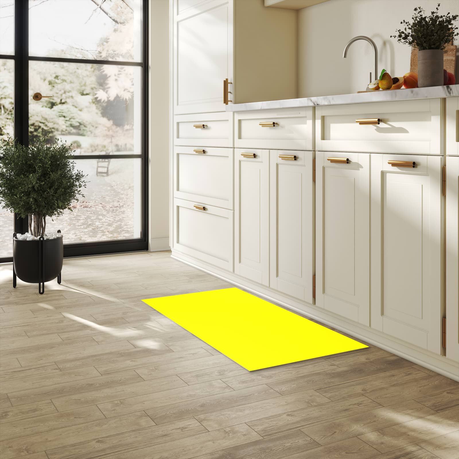 Pflegeleichter waschbarer Küchenläufer mit Motiv Gelber Hintergrund II in heller Küche