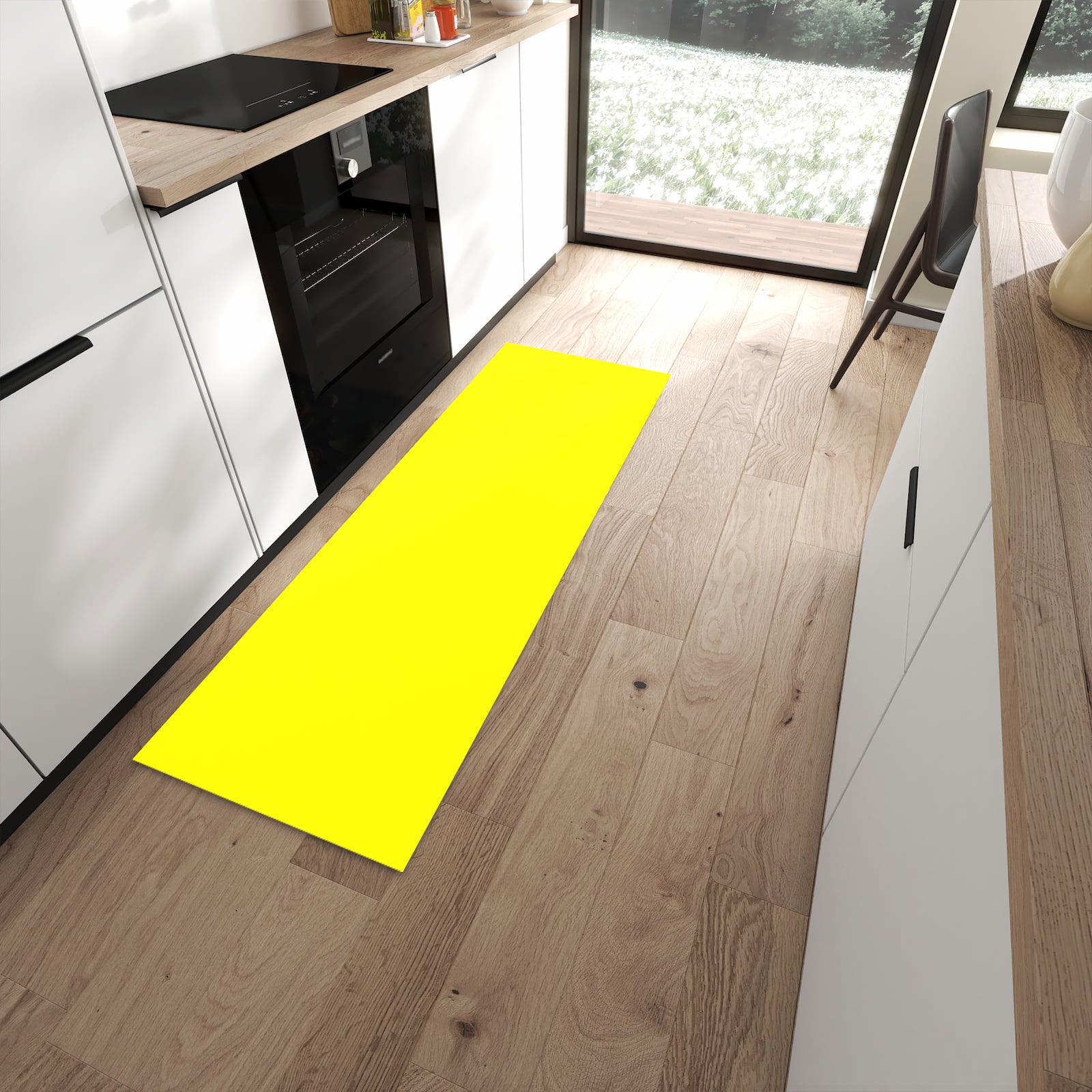 Formstabiler Küchenläufer nach Maß mit Motiv Gelber Hintergrund II in moderner Küche