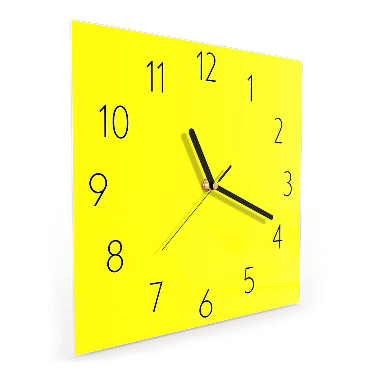 Quadratische Wanduhr aus Glas Zitronengelb schräg von der Seite, 4 mm starkes Glas