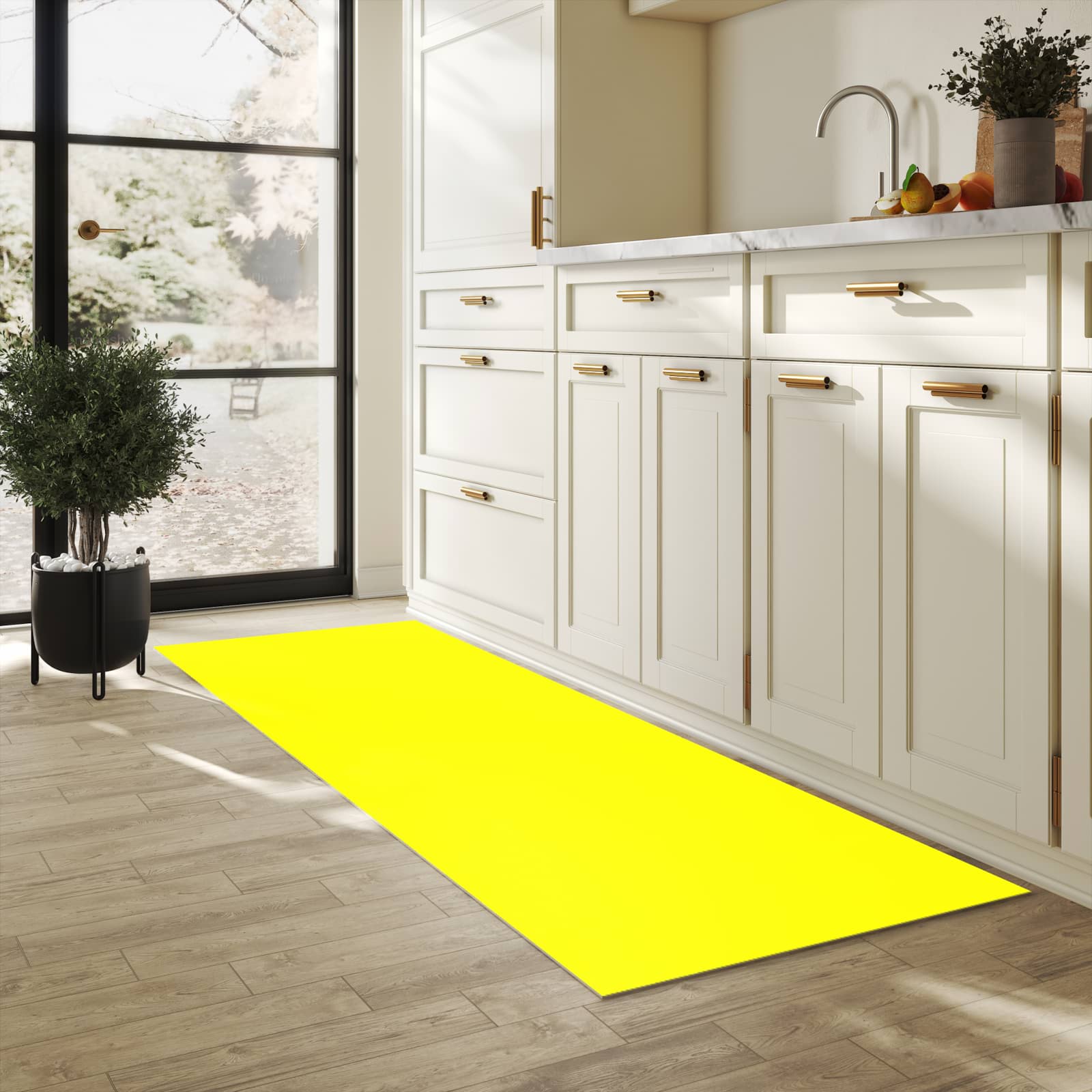 Langlebiger Teppich für Esstisch mit Motiv Gelber Hintergrund II in heller Küche, waschbar