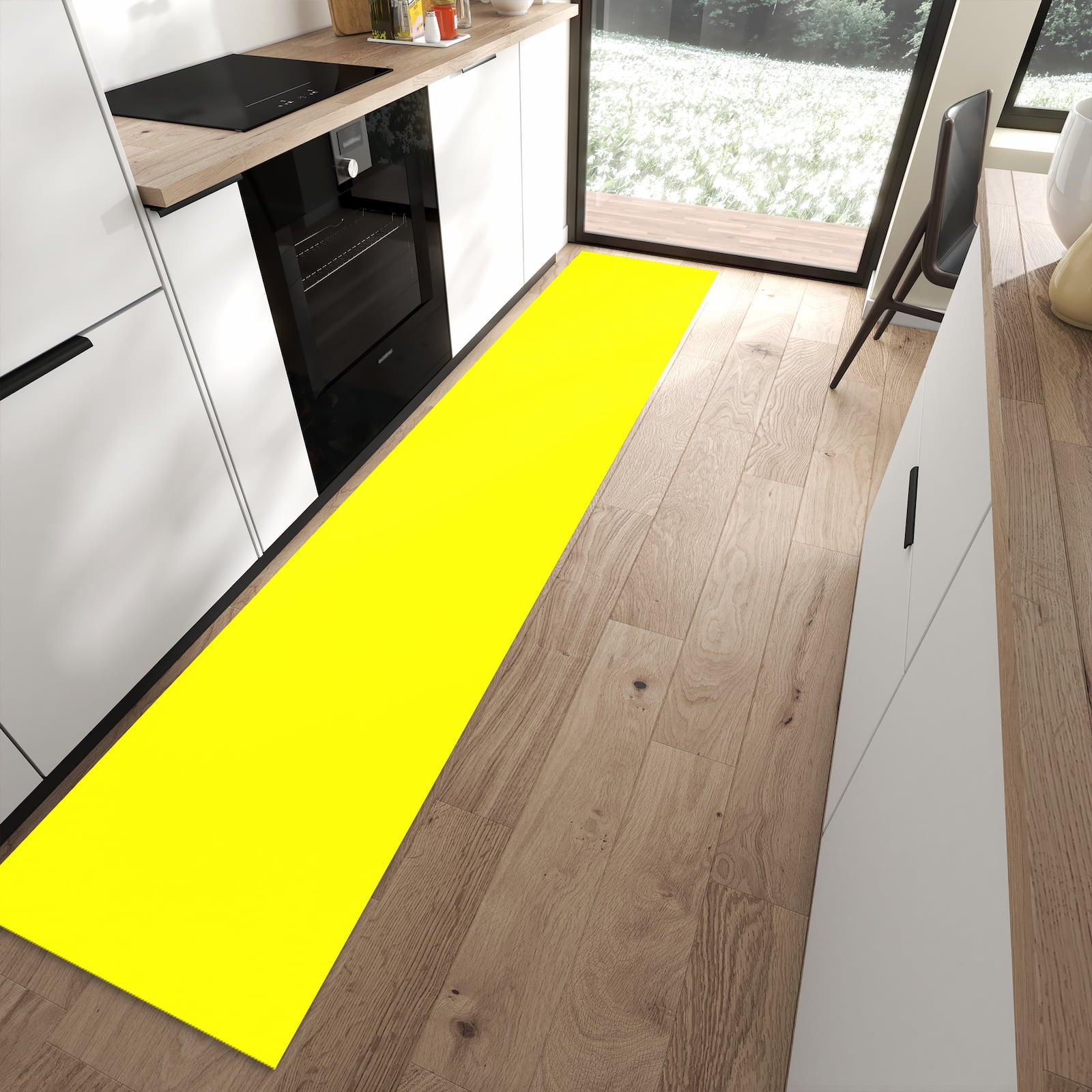 Geräuschdämpfender abwaschbarer Küchenläufer mit Motiv Gelber Hintergrund II in moderner Küche