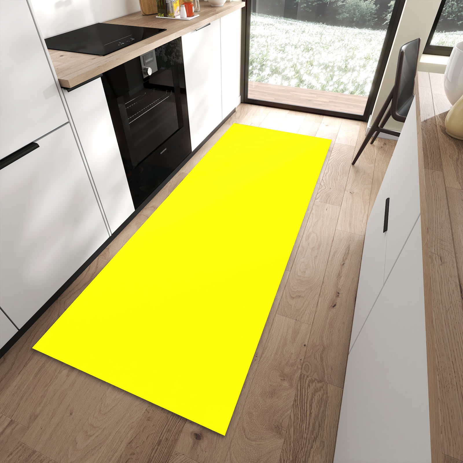 Geruchsneutraler Küchenteppich mit Motiv Gelber Hintergrund II in moderner Küche