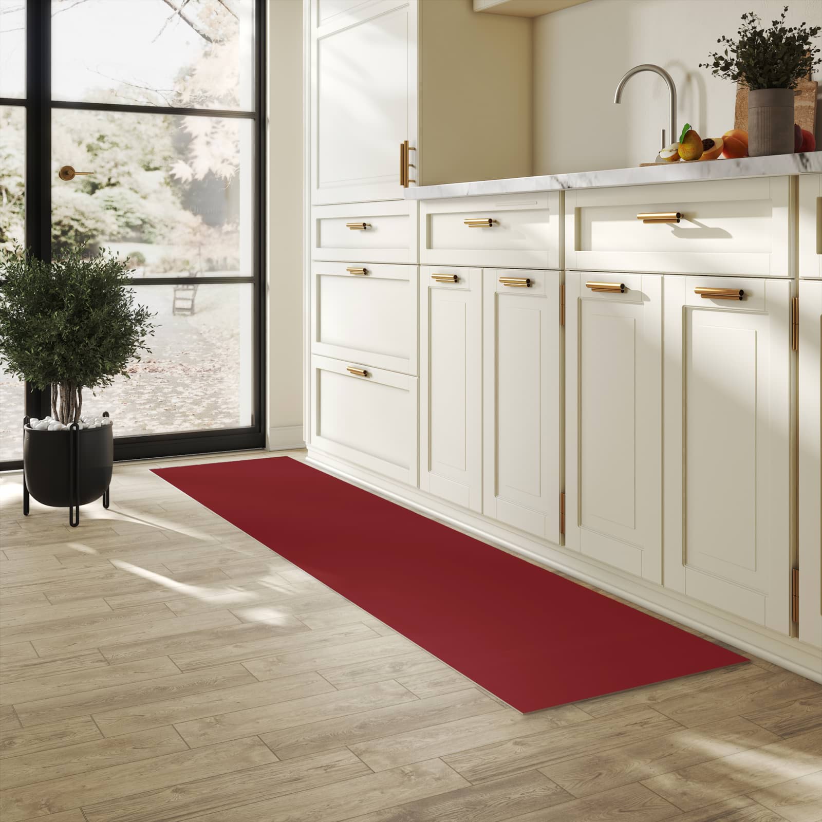 Abriebfester Läufer für die Küche mit Motiv Weinroter Hintergrund I in heller Küche