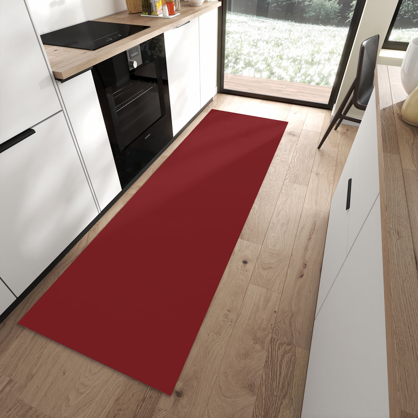 Langlebiger Küchenläufer mit Motiv Weinroter Hintergrund I in moderner Küche