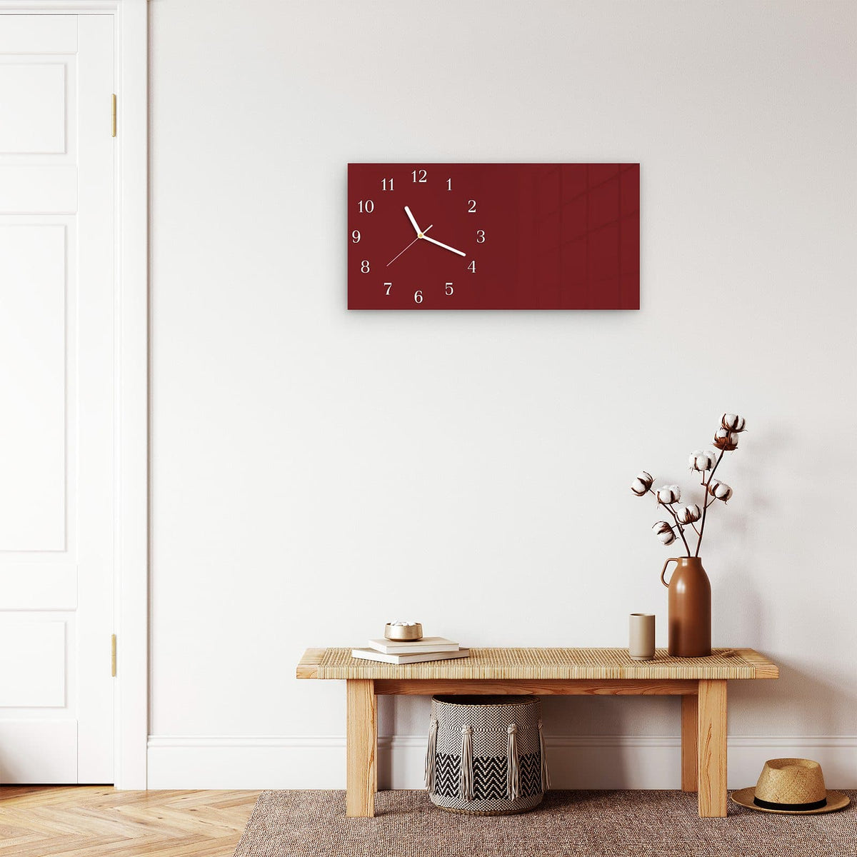 Moderne Wanduhr aus Glas mit Farbtiefe – Wanduhr Weinroter Hintergrund I aus Glas – Querformat 60 × 30 cm